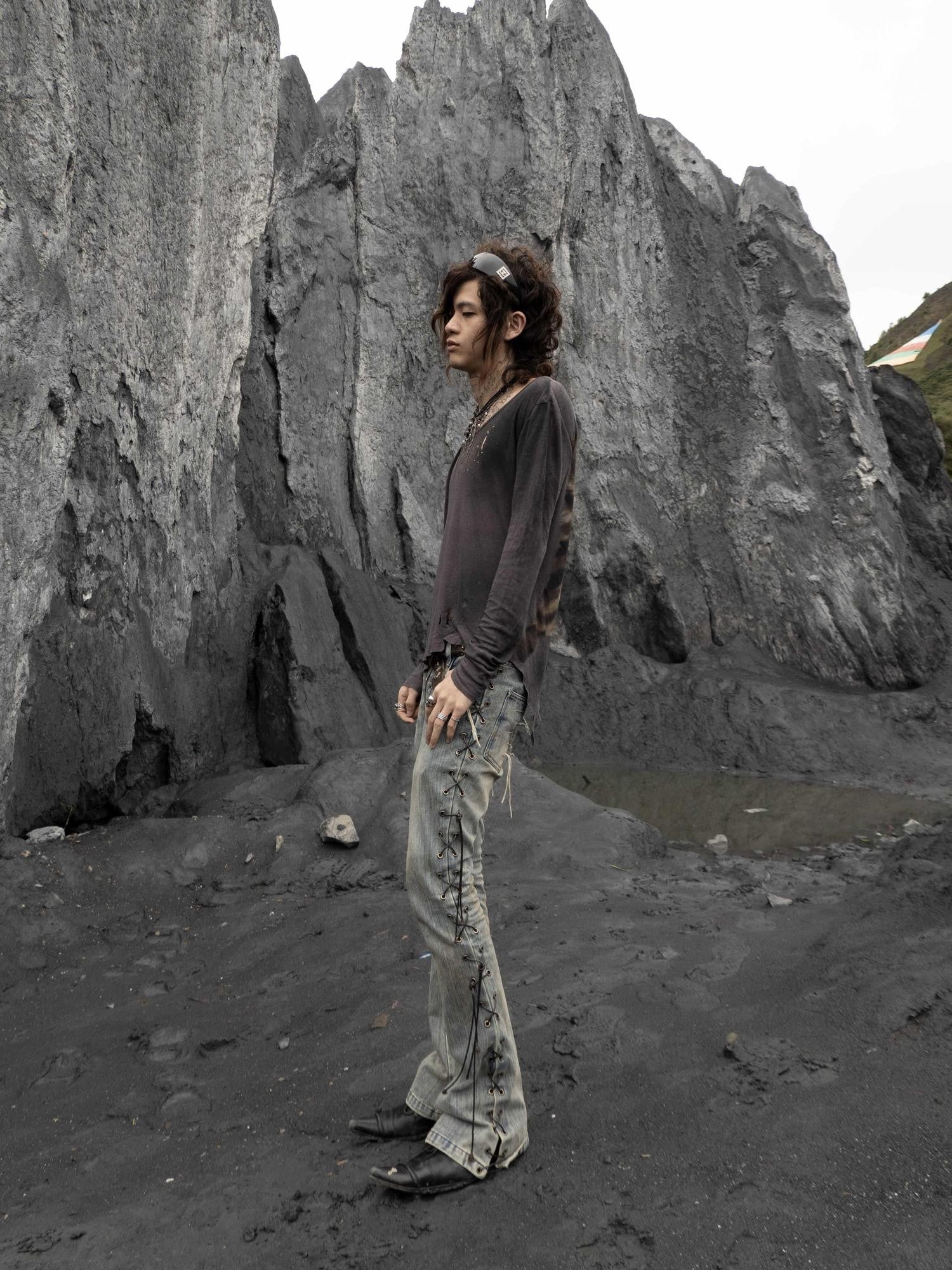 The space between Us Bandage Inspired Rivet Lace Up Micro Flare Women's Denim Bootcut Jeans