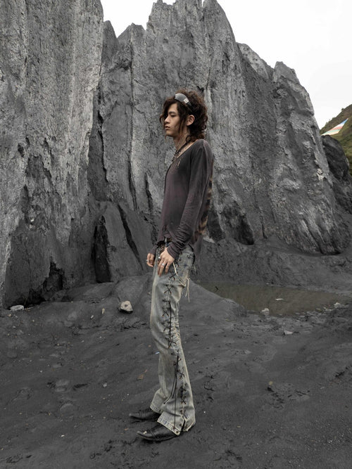 The space between Us Bandage Inspired Rivet Lace Up Micro Flare Women's Denim Bootcut Jeans
