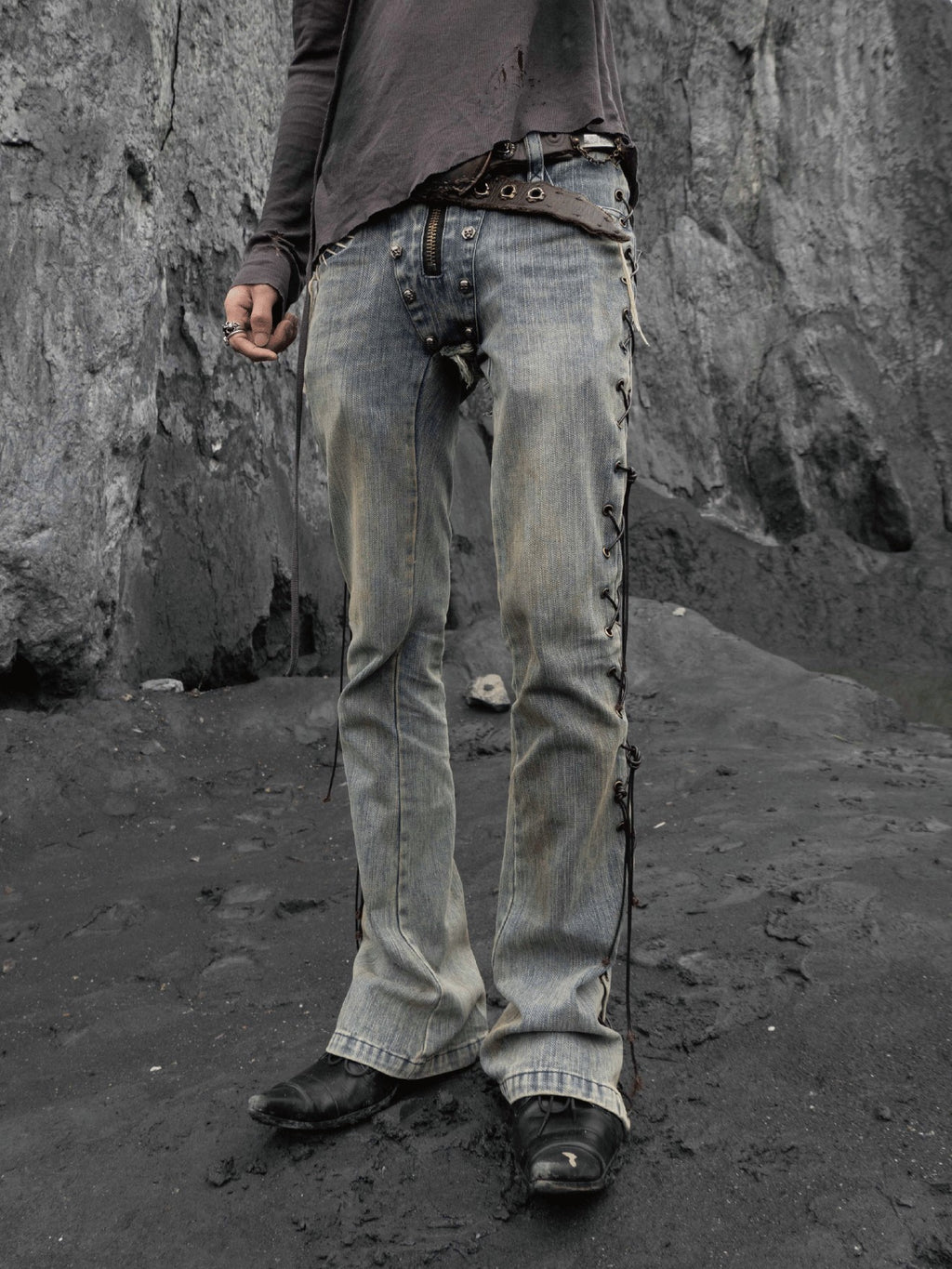 The space between Us Bandage Inspired Rivet Lace Up Micro Flare Women's Denim Bootcut Jeans