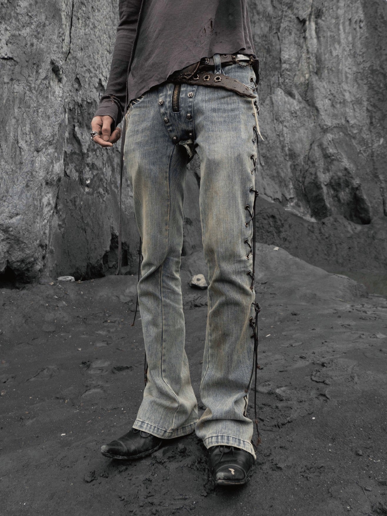 The space between Us Bandage Inspired Rivet Lace Up Micro Flare Women's Denim Bootcut Jeans