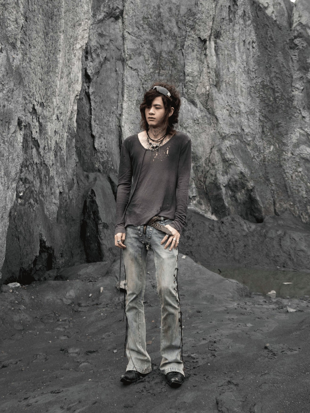 The space between Us Bandage Inspired Rivet Lace Up Micro Flare Women's Denim Bootcut Jeans