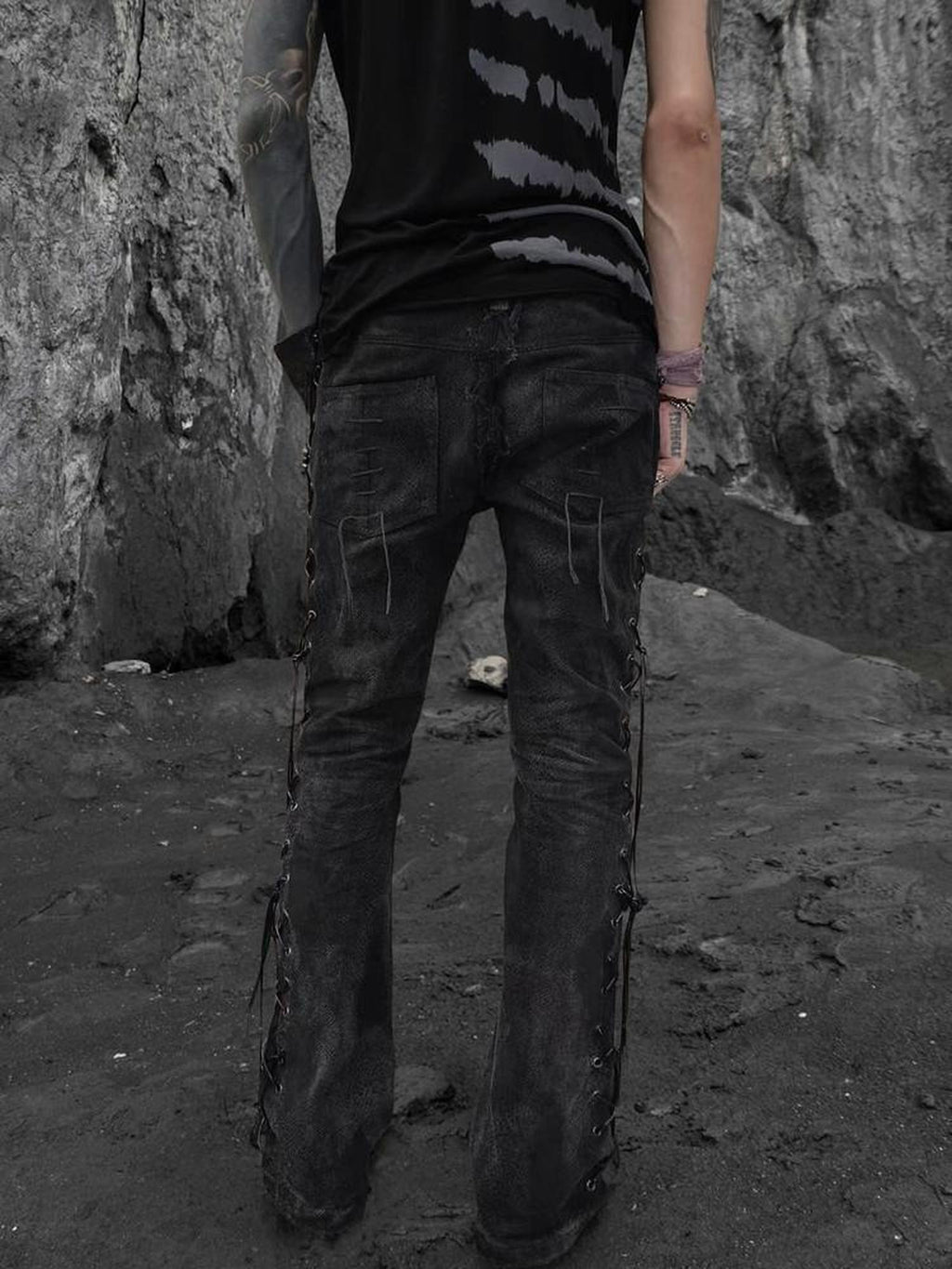 The space between Us Black Snake Print Rivet Leather Patch Lace Up Women's Denim Bootcut Jeans