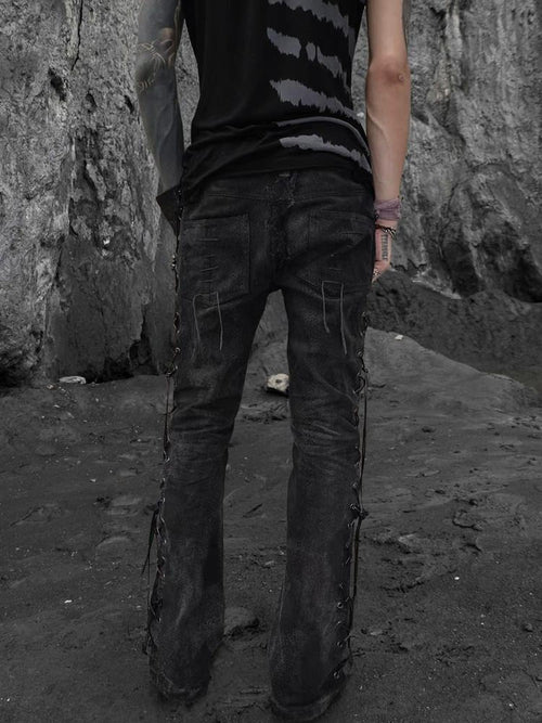 The space between Us Black Snake Print Rivet Leather Patch Lace Up Women's Denim Bootcut Jeans