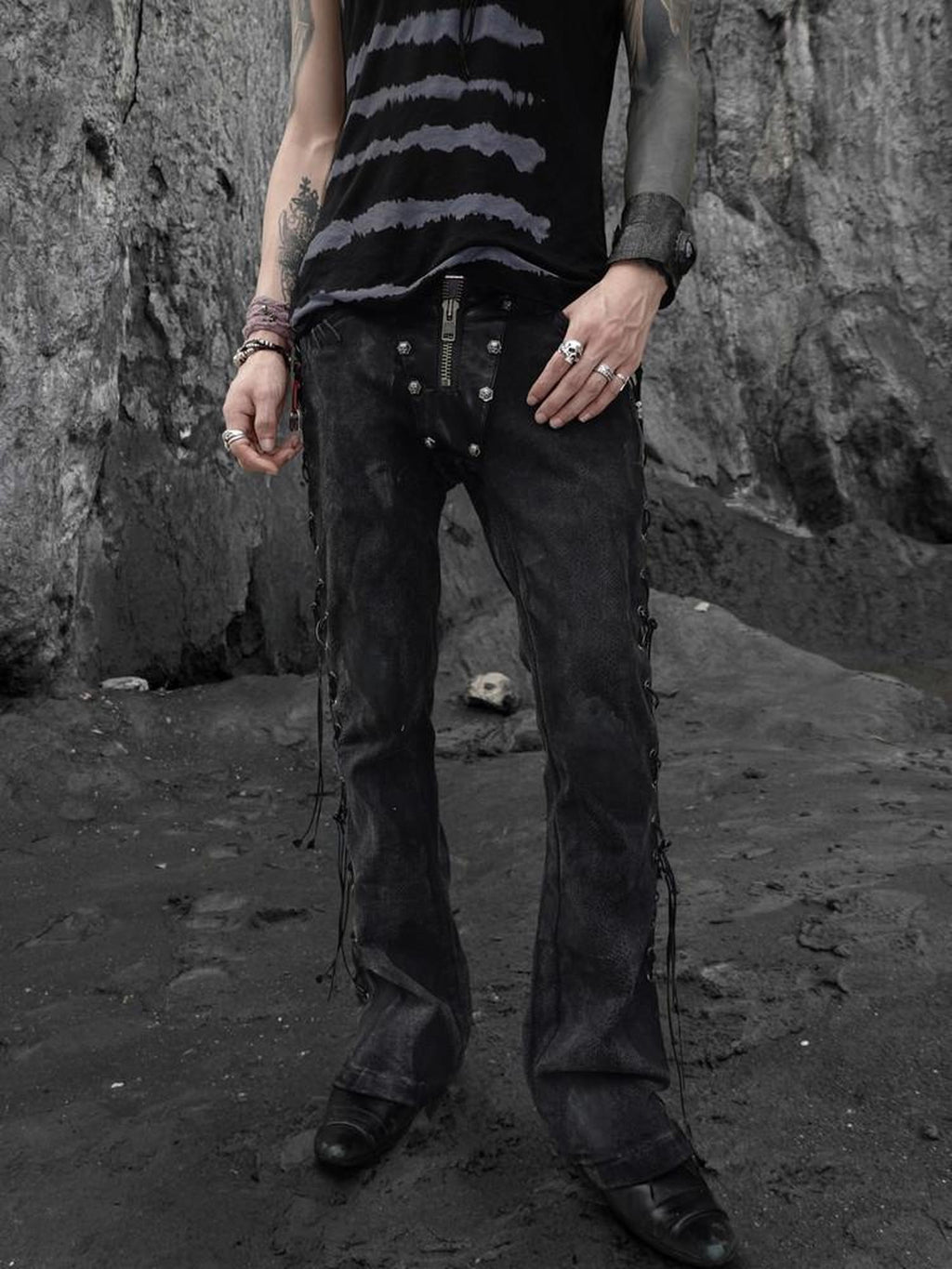 The space between Us Black Snake Print Rivet Leather Patch Lace Up Women's Denim Bootcut Jeans