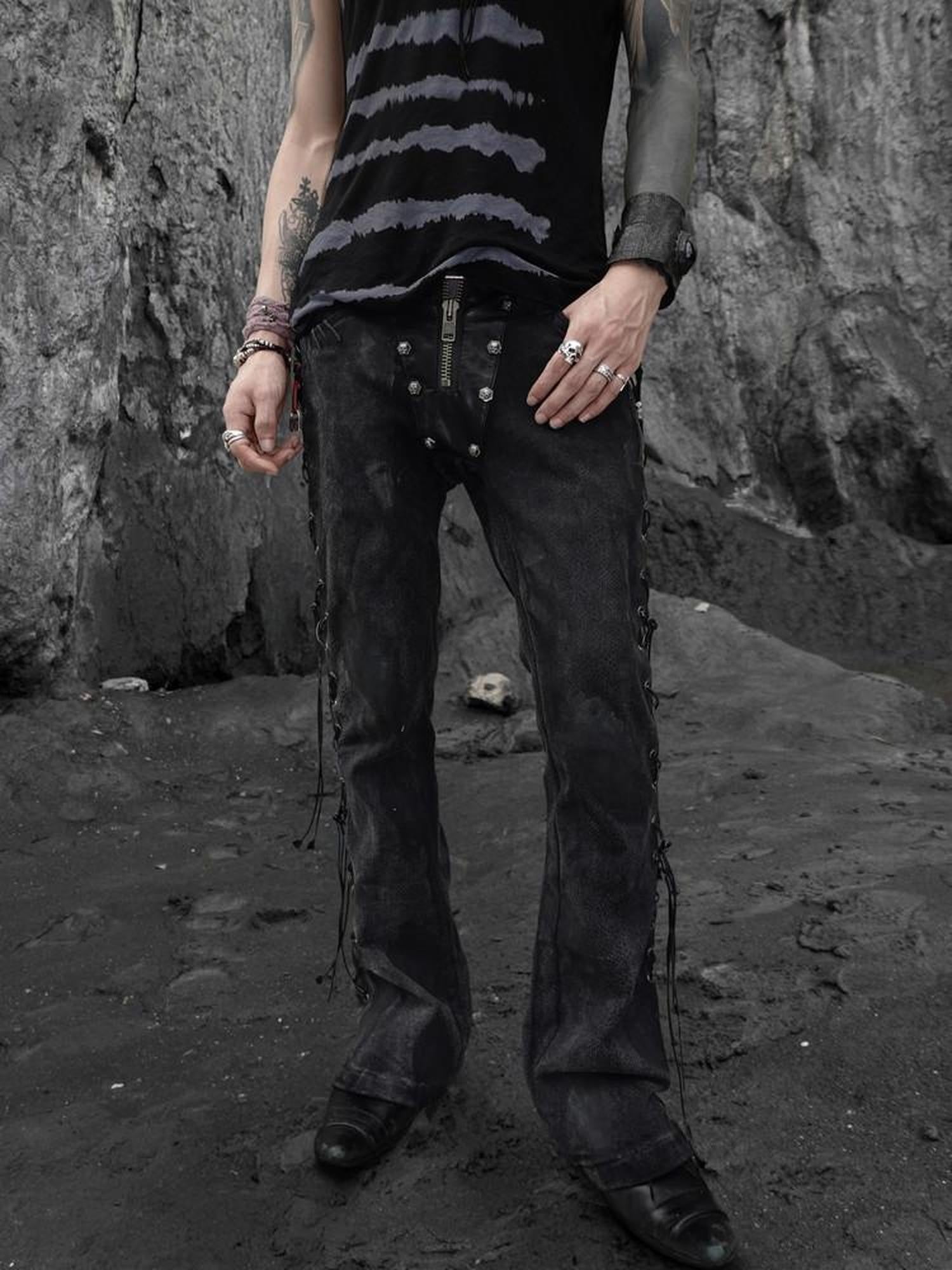 The space between Us Black Snake Print Rivet Leather Patch Lace Up Women's Denim Bootcut Jeans