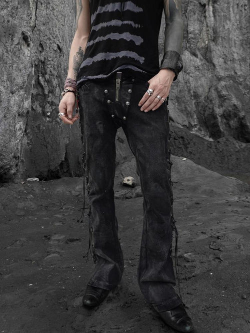 The space between Us Black Snake Print Rivet Leather Patch Lace Up Women's Denim Bootcut Jeans
