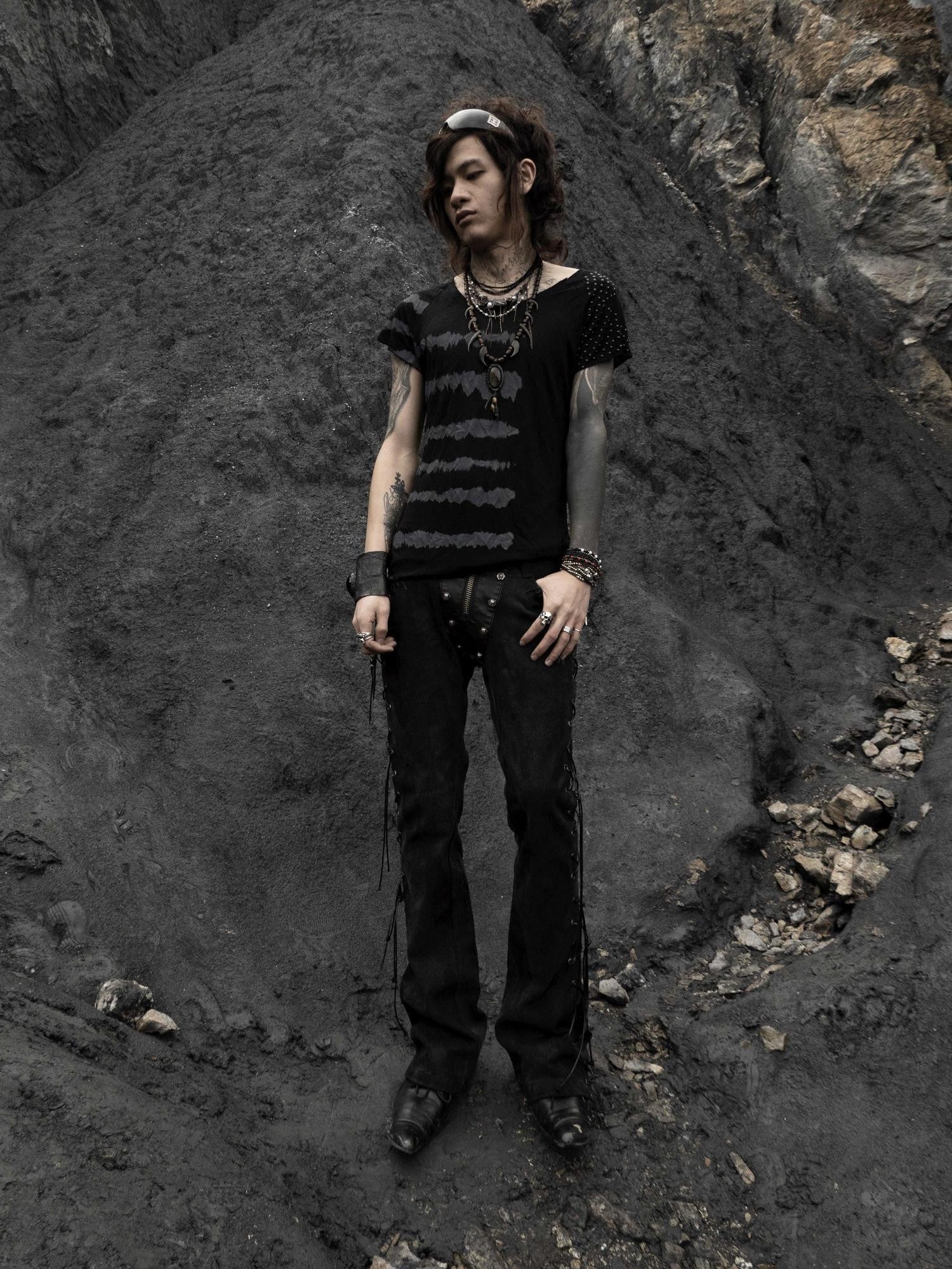 The space between Us Black Snake Print Rivet Leather Patch Lace Up Women's Denim Bootcut Jeans