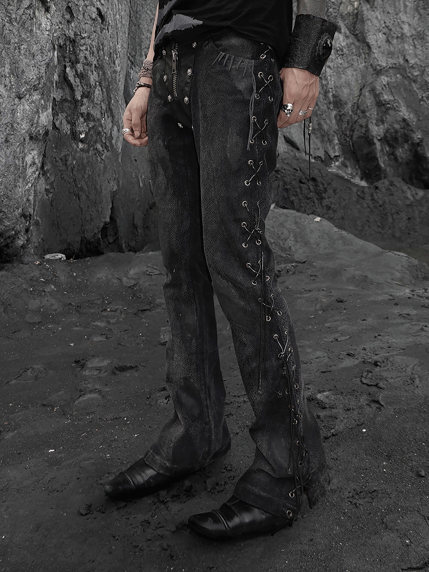 The space between Us Black Snake Print Rivet Leather Patch Lace Up Women's Denim Bootcut Jeans