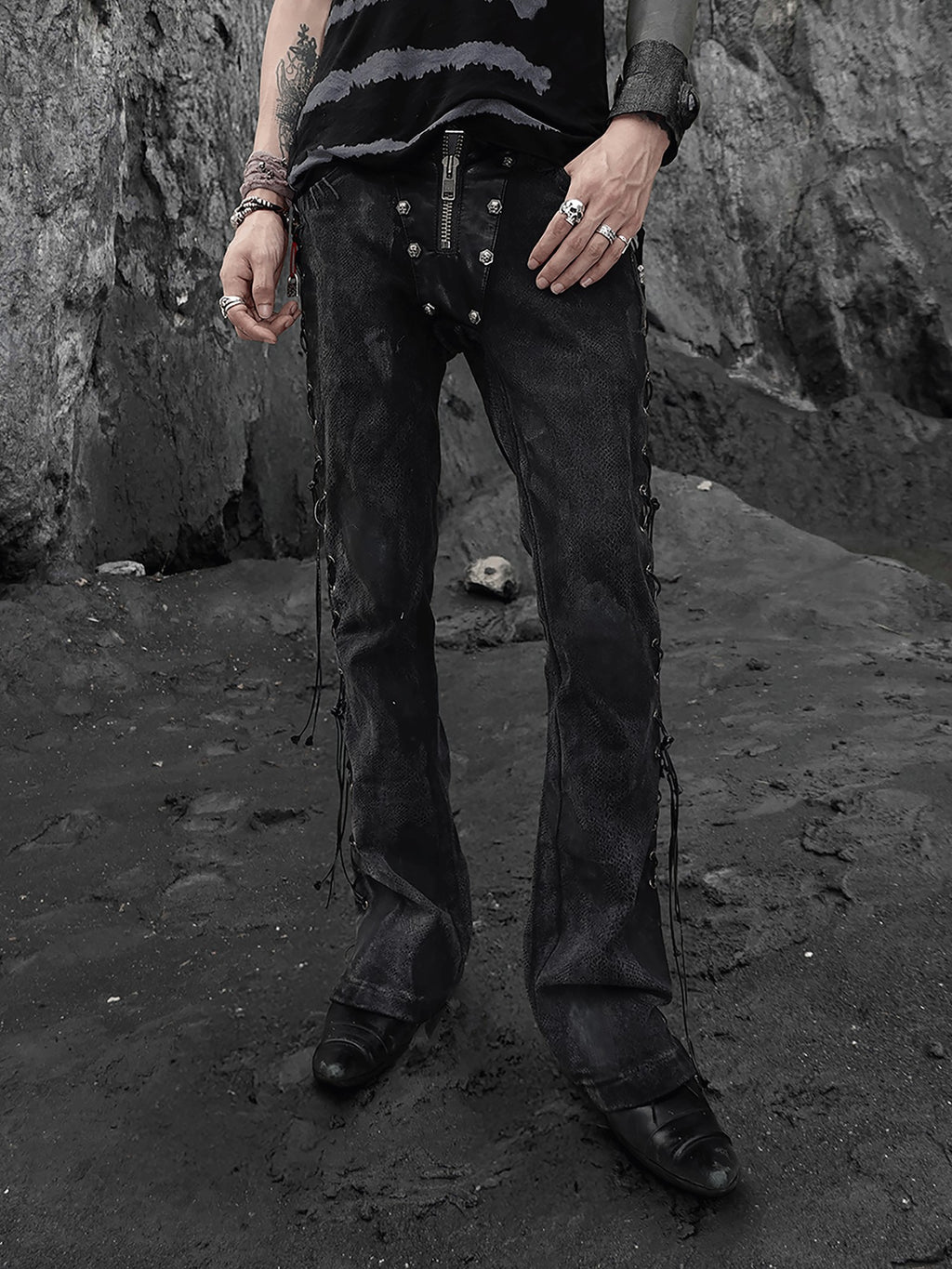 The space between Us Black Snake Print Rivet Leather Patch Lace Up Women's Denim Bootcut Jeans