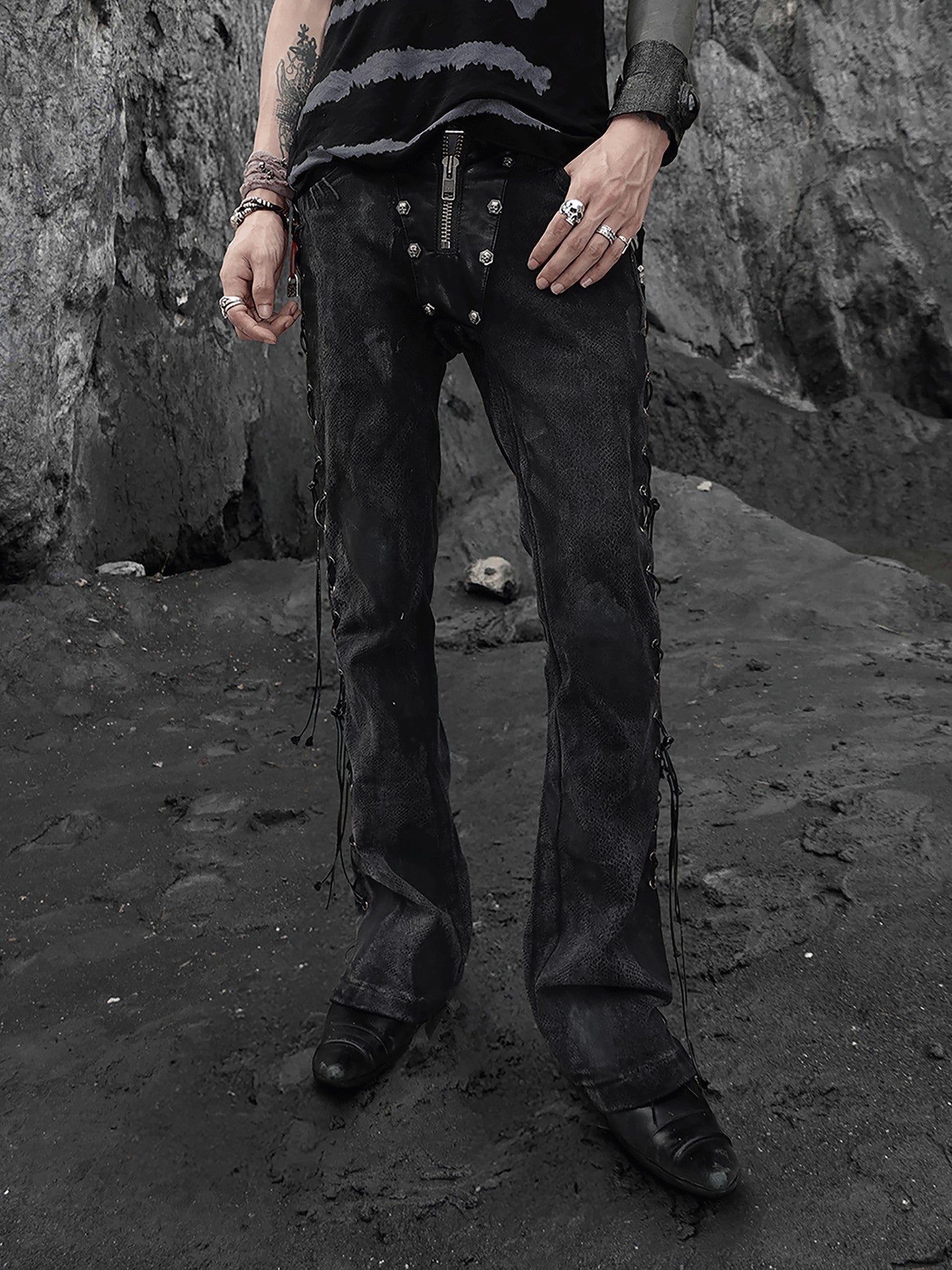 The space between Us Black Snake Print Rivet Leather Patch Lace Up Women's Denim Bootcut Jeans