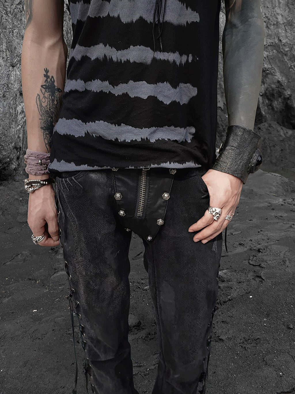 The space between Us Black Snake Print Rivet Leather Patch Lace Up Women's Denim Bootcut Jeans