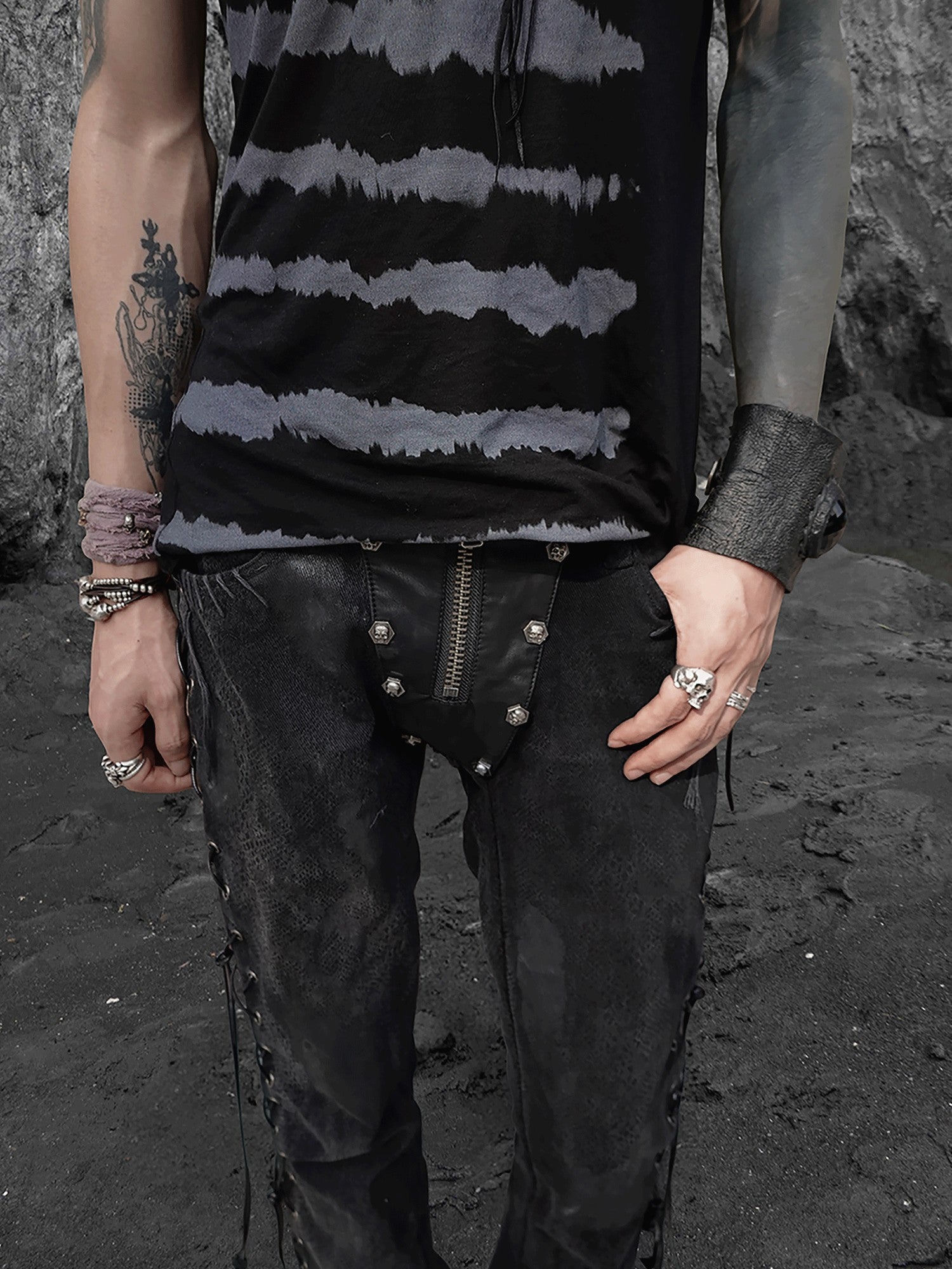 The space between Us Black Snake Print Rivet Leather Patch Lace Up Women's Denim Bootcut Jeans