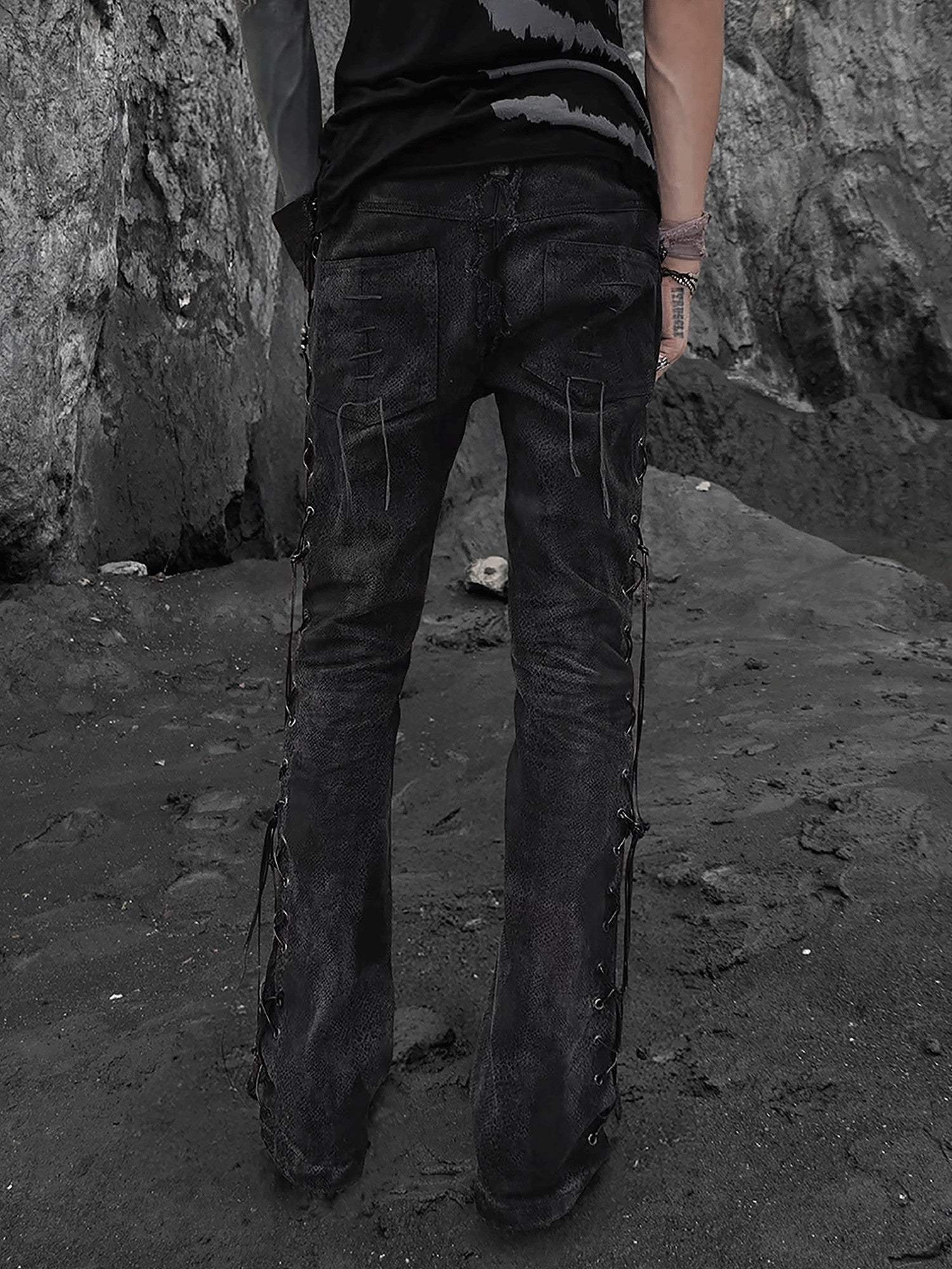 The space between Us Black Snake Print Rivet Leather Patch Lace Up Women's Denim Bootcut Jeans