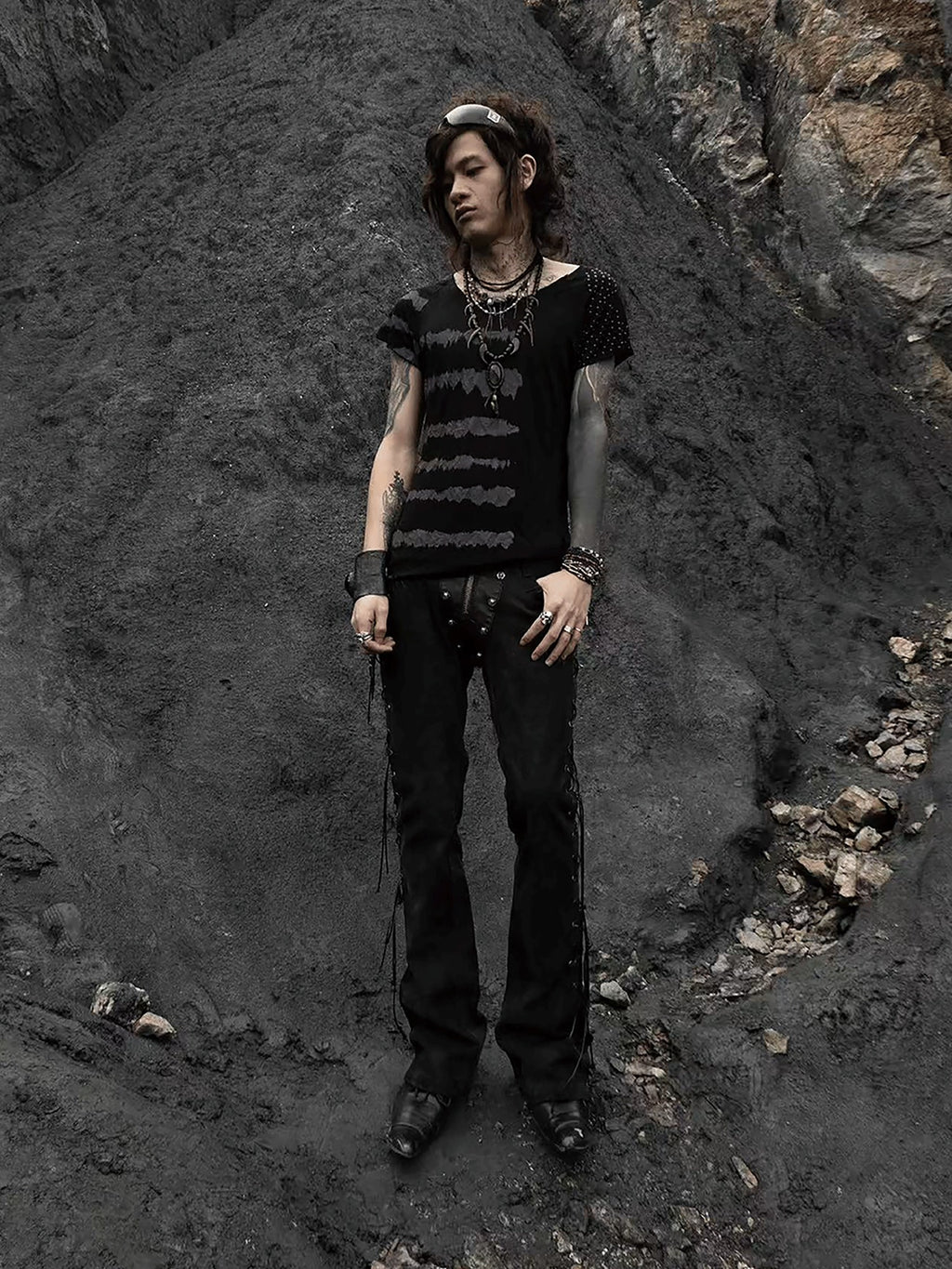 The space between Us Black Snake Print Rivet Leather Patch Lace Up Women's Denim Bootcut Jeans