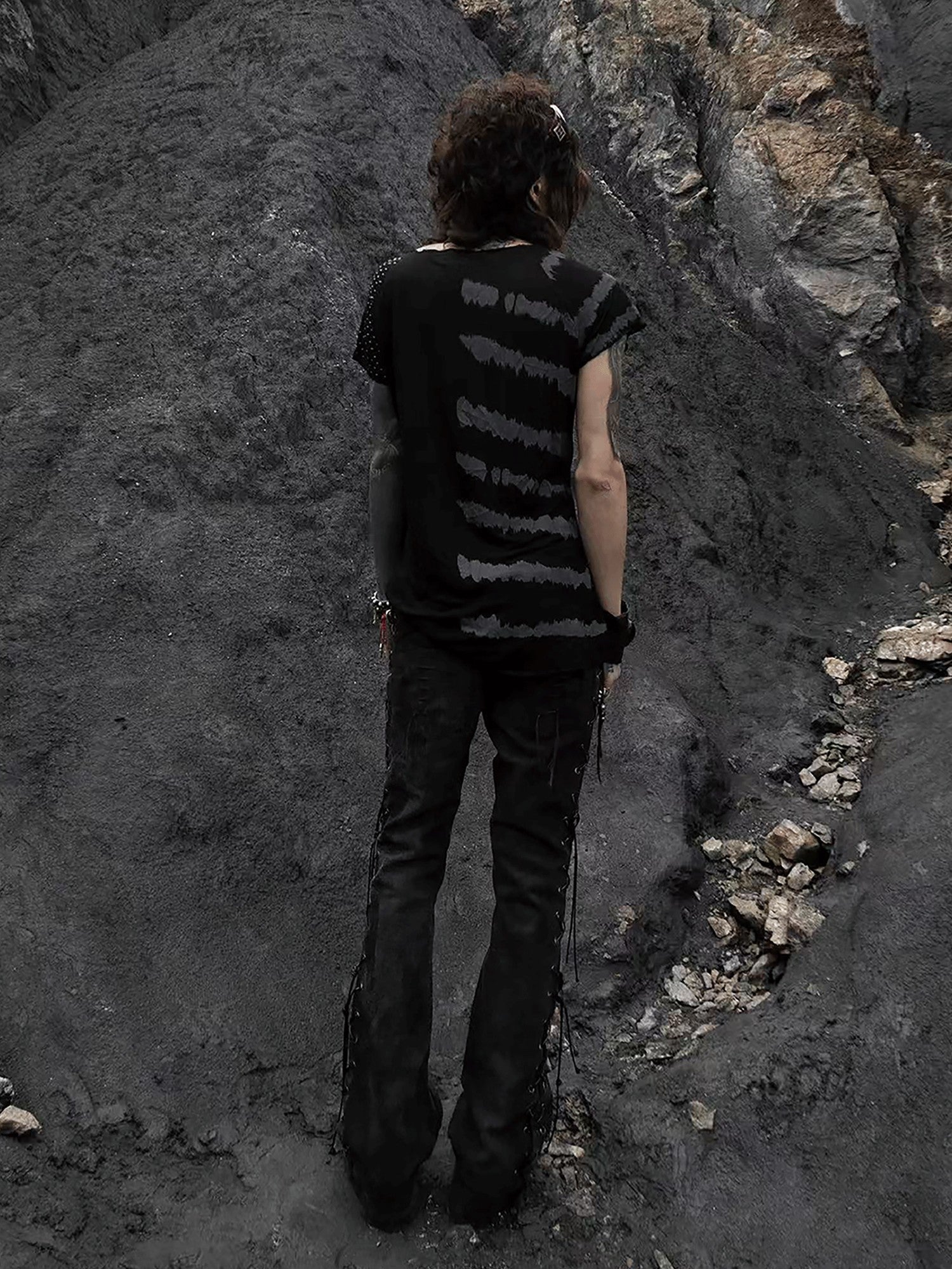 The space between Us Black Snake Print Rivet Leather Patch Lace Up Women's Denim Bootcut Jeans