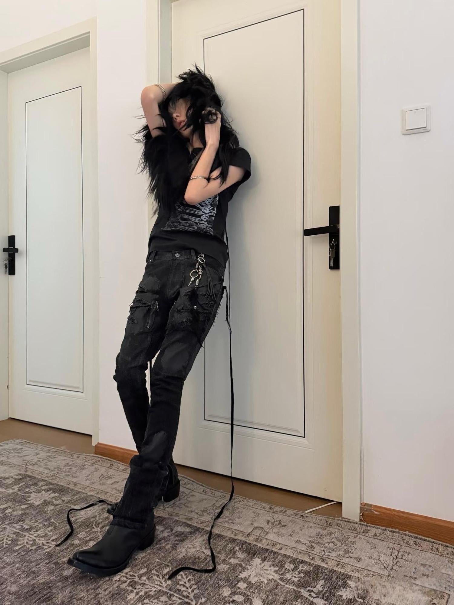 The space between Us Claw Mark Distressed Heavy Duty Zipper Slim Women's Waxed Denim Skinny Jeans