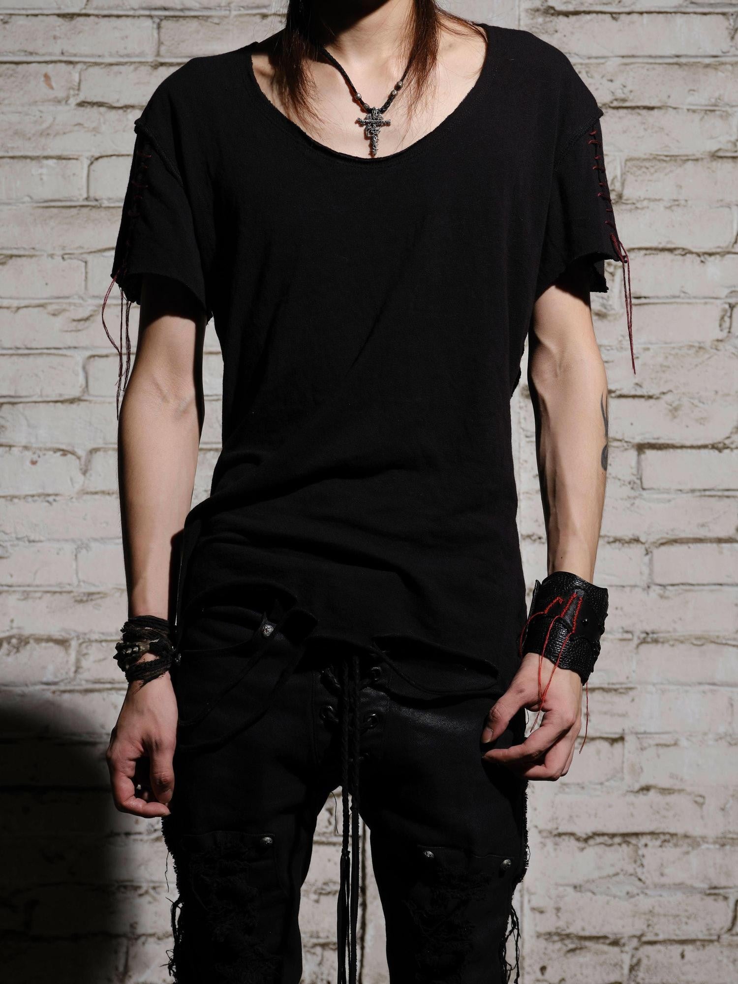 The space between Us Dark Slim Asymmetric Distressed Rock Women's Faux Leather Short Sleeve T-shirts