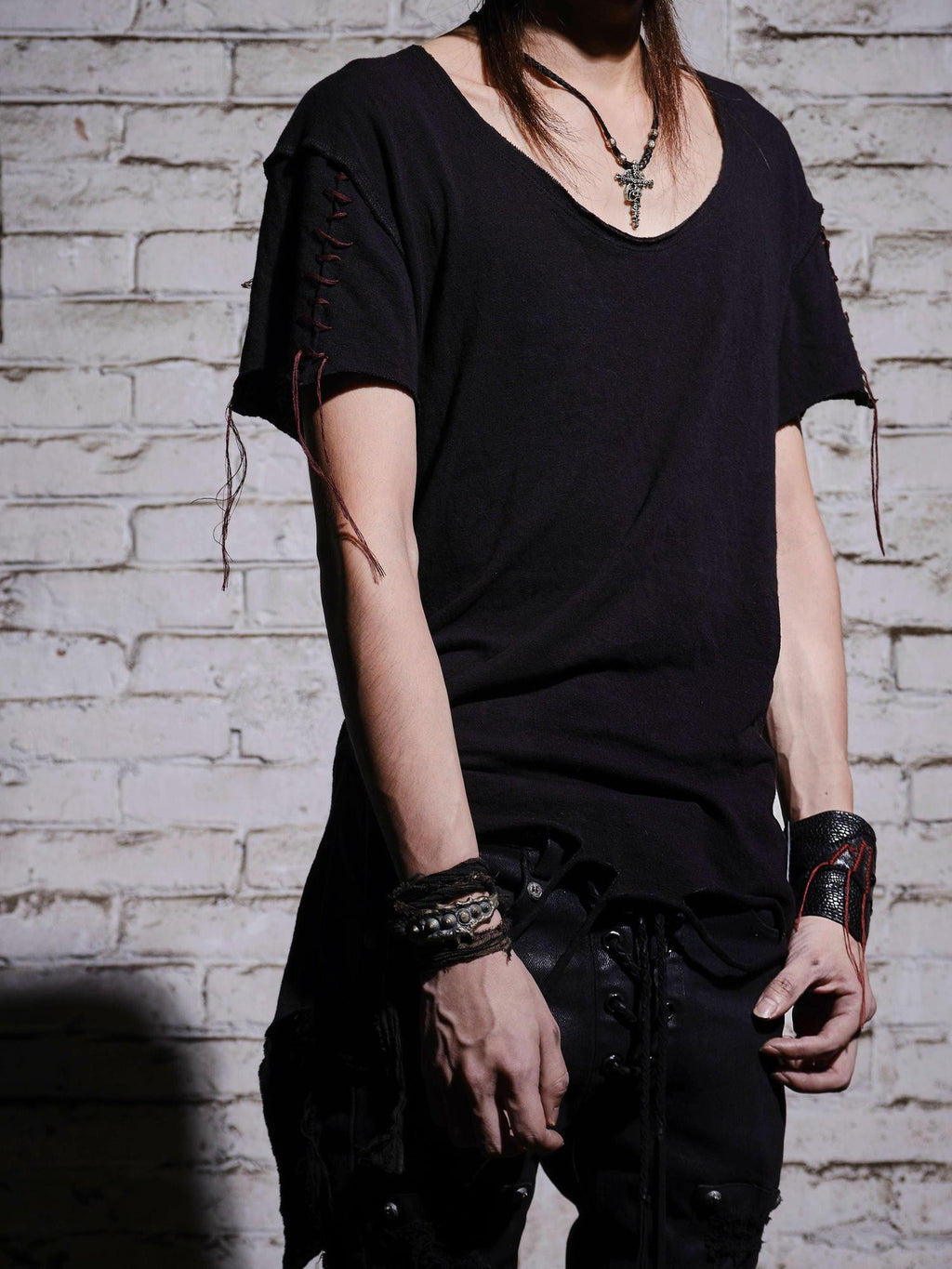 The space between Us Dark Slim Asymmetric Distressed Rock Women's Faux Leather Short Sleeve T-shirts
