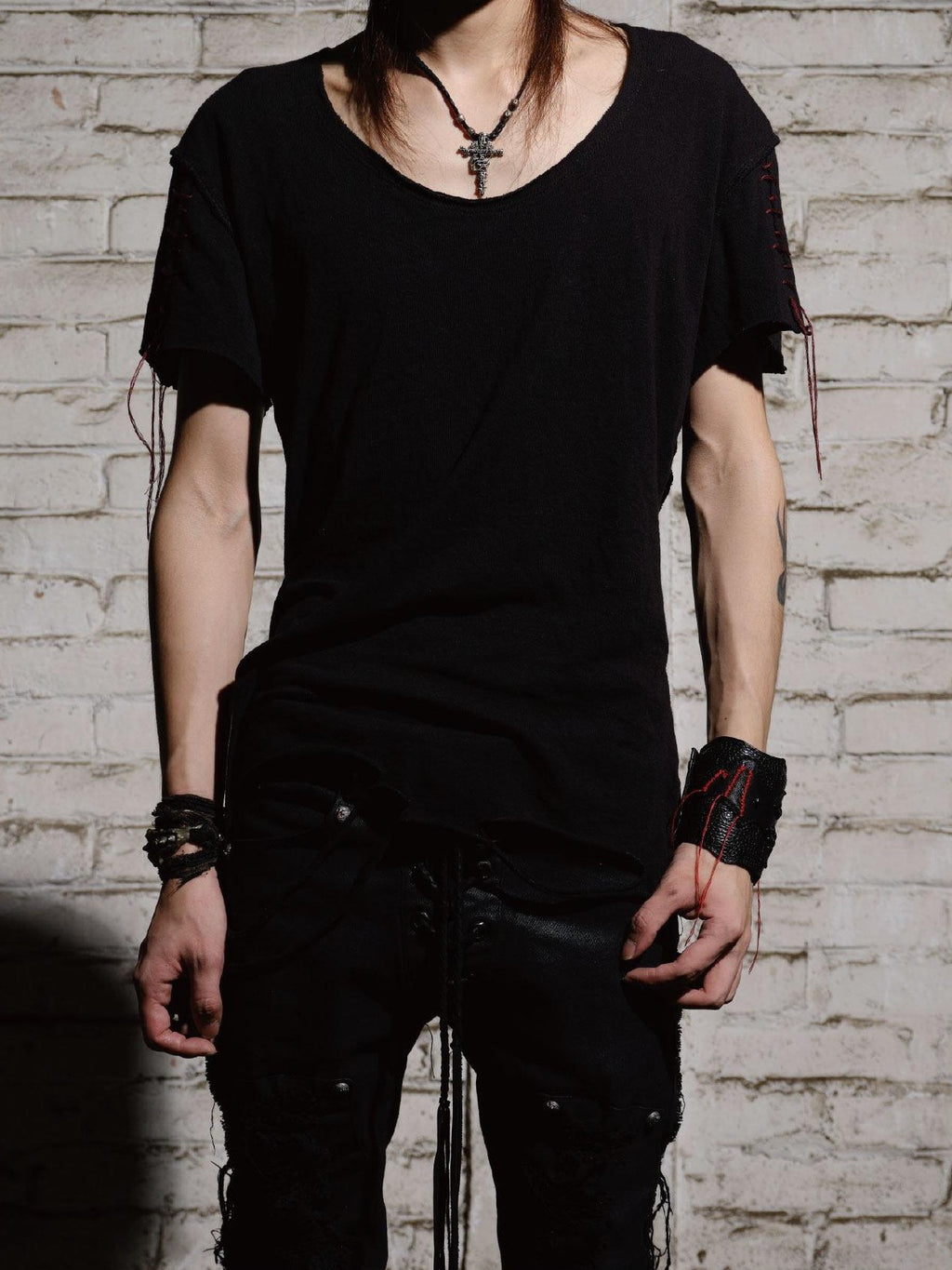 The space between Us Dark Slim Asymmetric Distressed Rock Women's Faux Leather Short Sleeve T-shirts