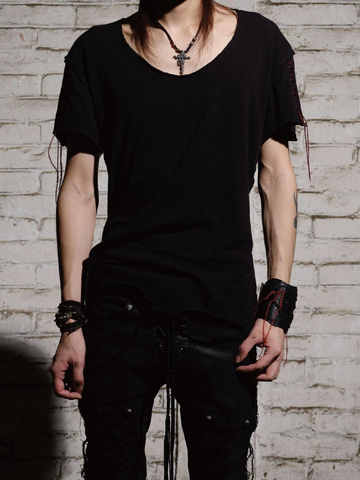 The space between Us Dark Slim Asymmetric Distressed Rock Women's Faux Leather Short Sleeve T-shirts