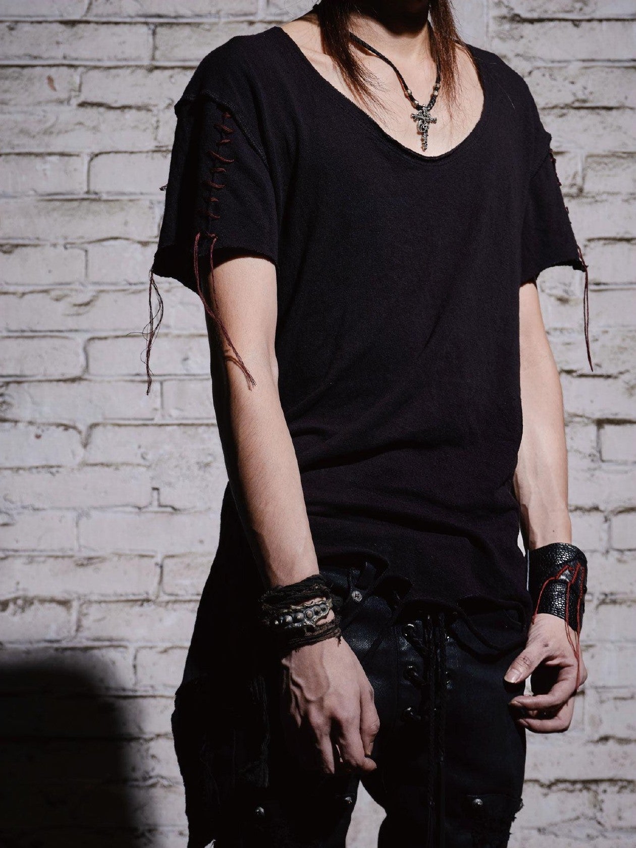 The space between Us Dark Slim Asymmetric Distressed Rock Women's Faux Leather Short Sleeve T-shirts