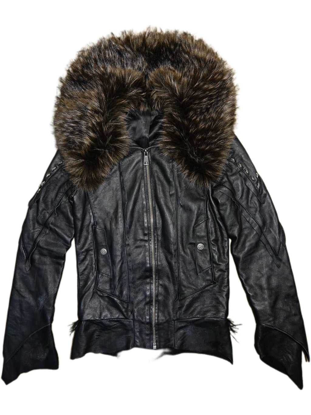 The space between Us Detachable Fur Collar Heavily Riveted Asymmetrical Cut Women's Leather Jackets