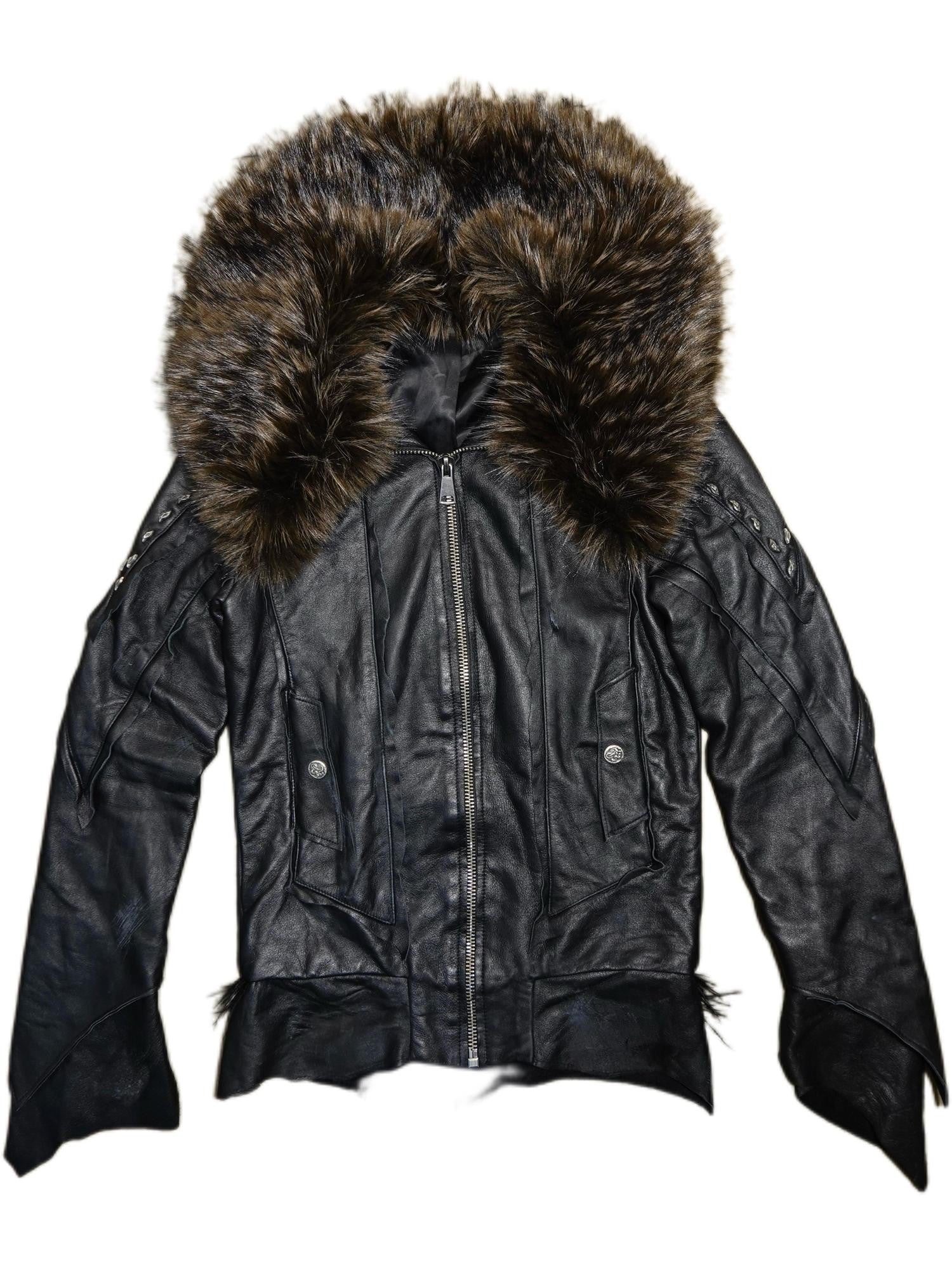 The space between Us Detachable Fur Collar Heavily Riveted Asymmetrical Cut Women's Leather Jackets