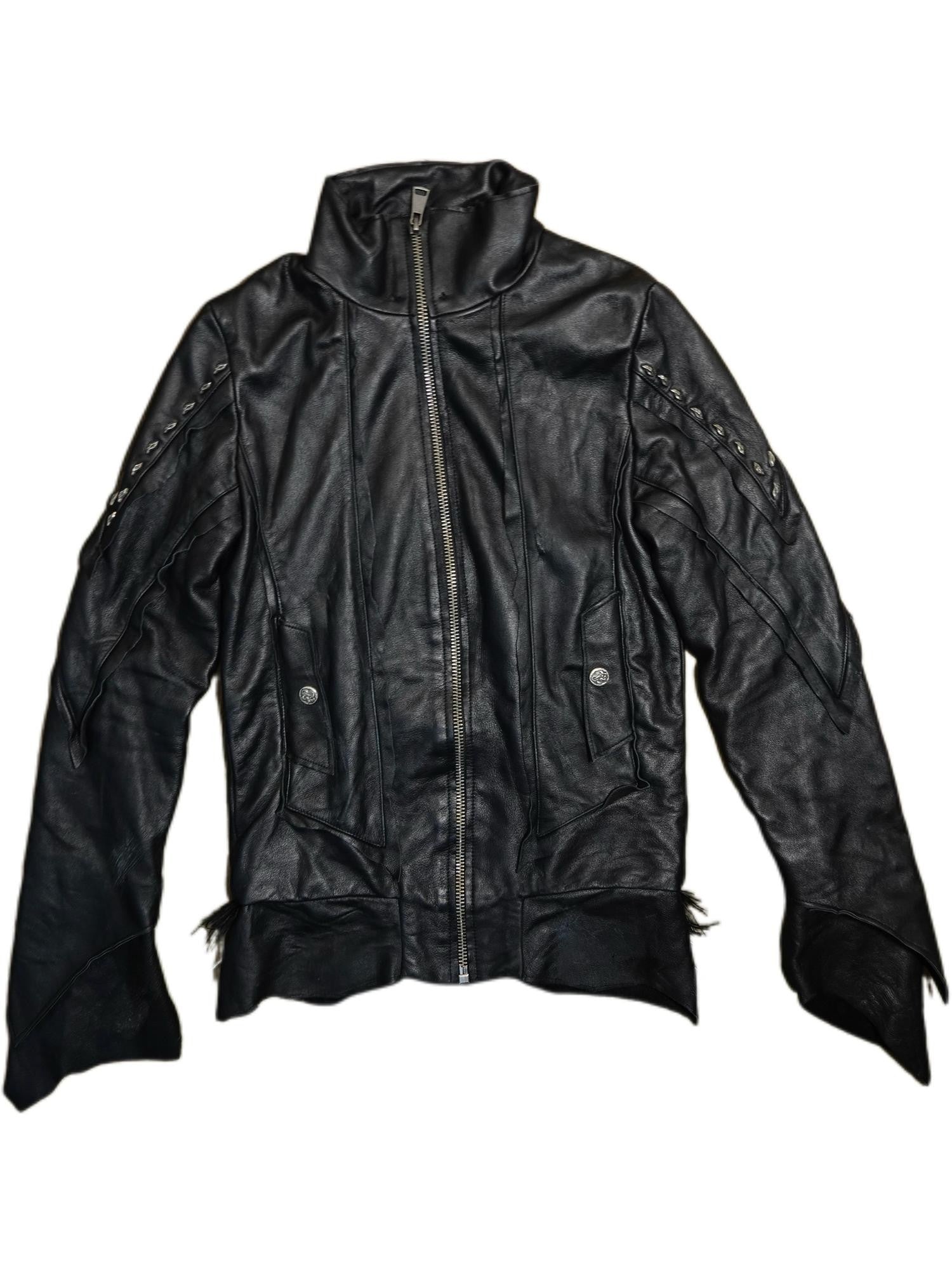The space between Us Detachable Fur Collar Heavily Riveted Asymmetrical Cut Women's Leather Jackets