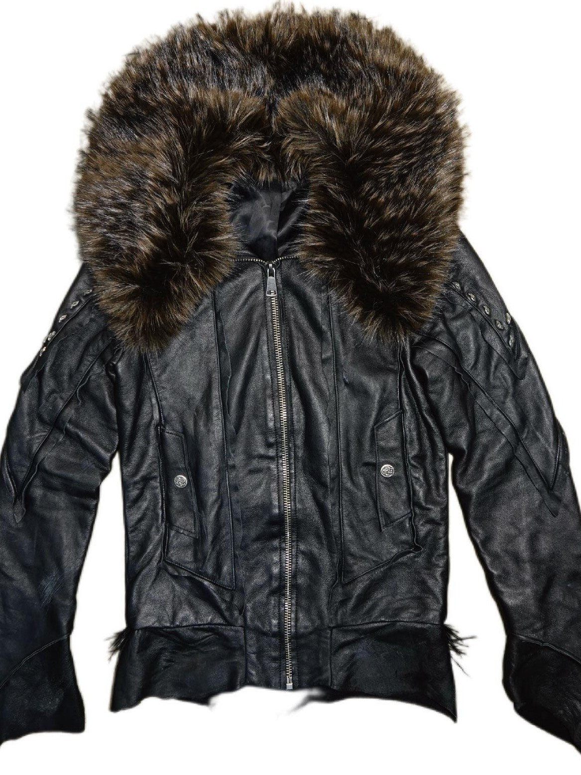 The space between Us Detachable Fur Collar Heavily Riveted Asymmetrical Cut Women's Leather Jackets