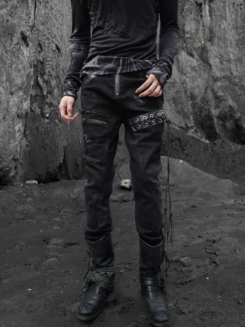 The space between Us Hunting Studded Spliced Leather Zipper Drawstring Tie Women's Cotton Skinny Pants