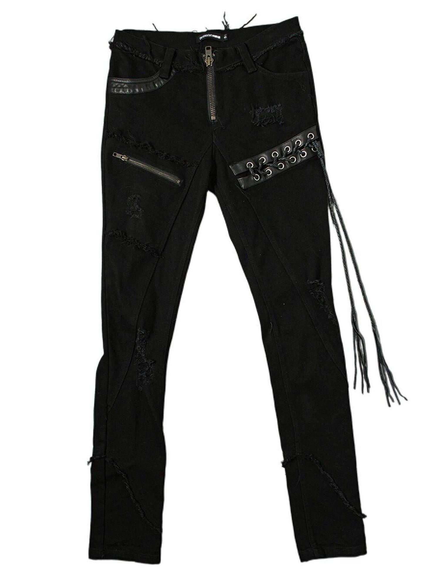 The space between Us Hunting Studded Spliced Leather Zipper Drawstring Tie Women's Cotton Skinny Pants