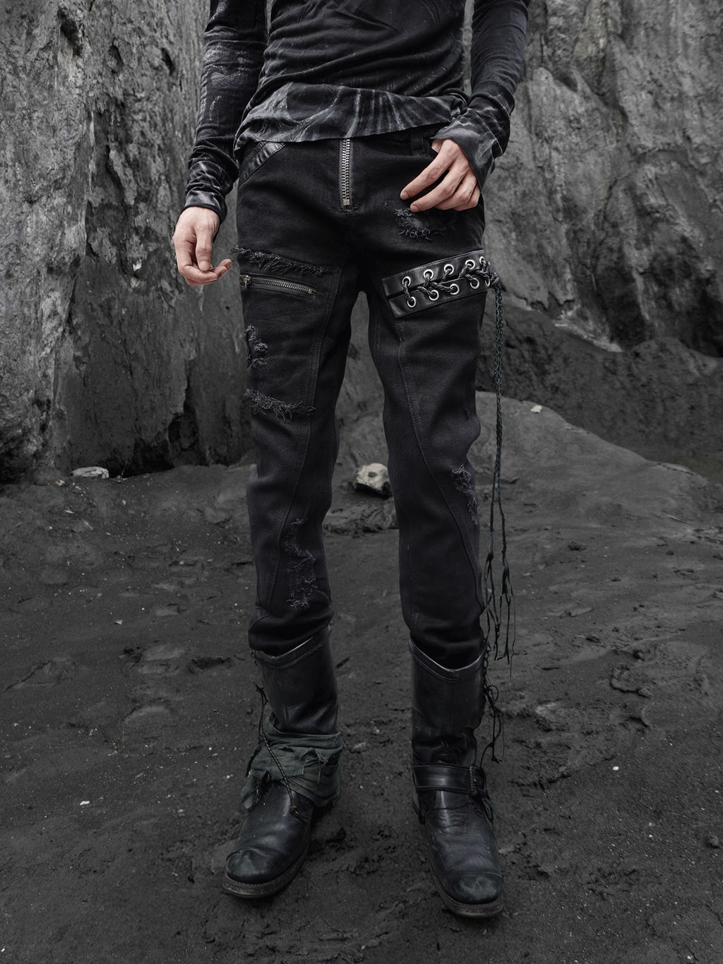 The space between Us Hunting Studded Spliced Leather Zipper Drawstring Tie Women's Cotton Skinny Pants