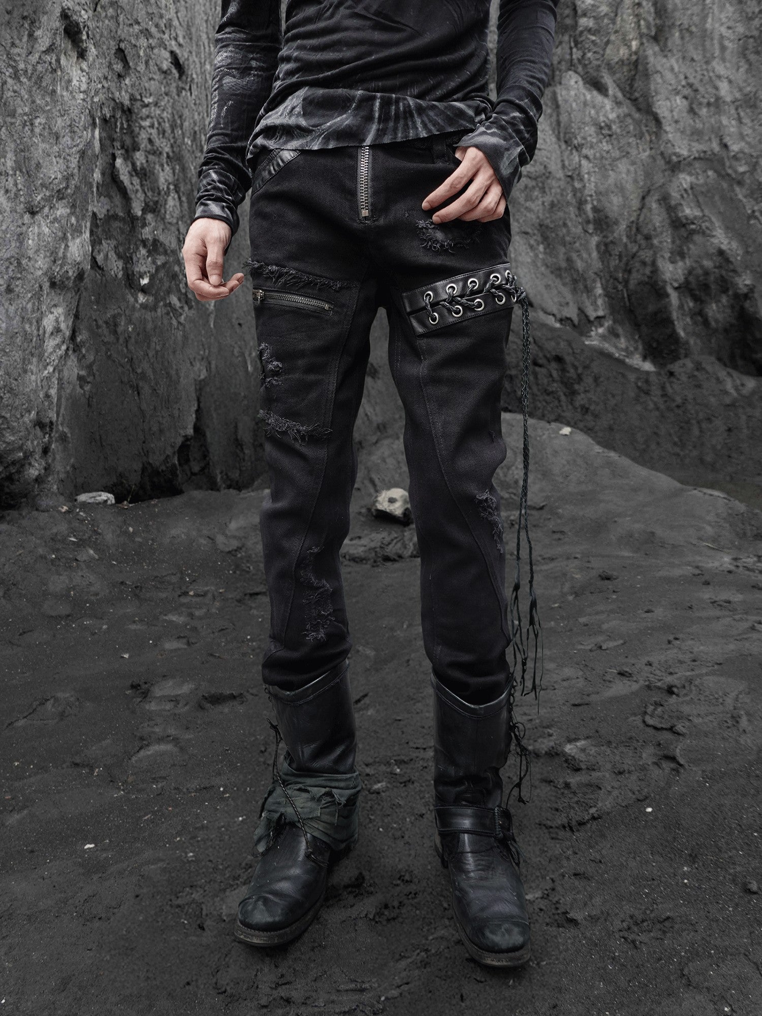 The space between Us Hunting Studded Spliced Leather Zipper Drawstring Tie Women's Cotton Skinny Pants