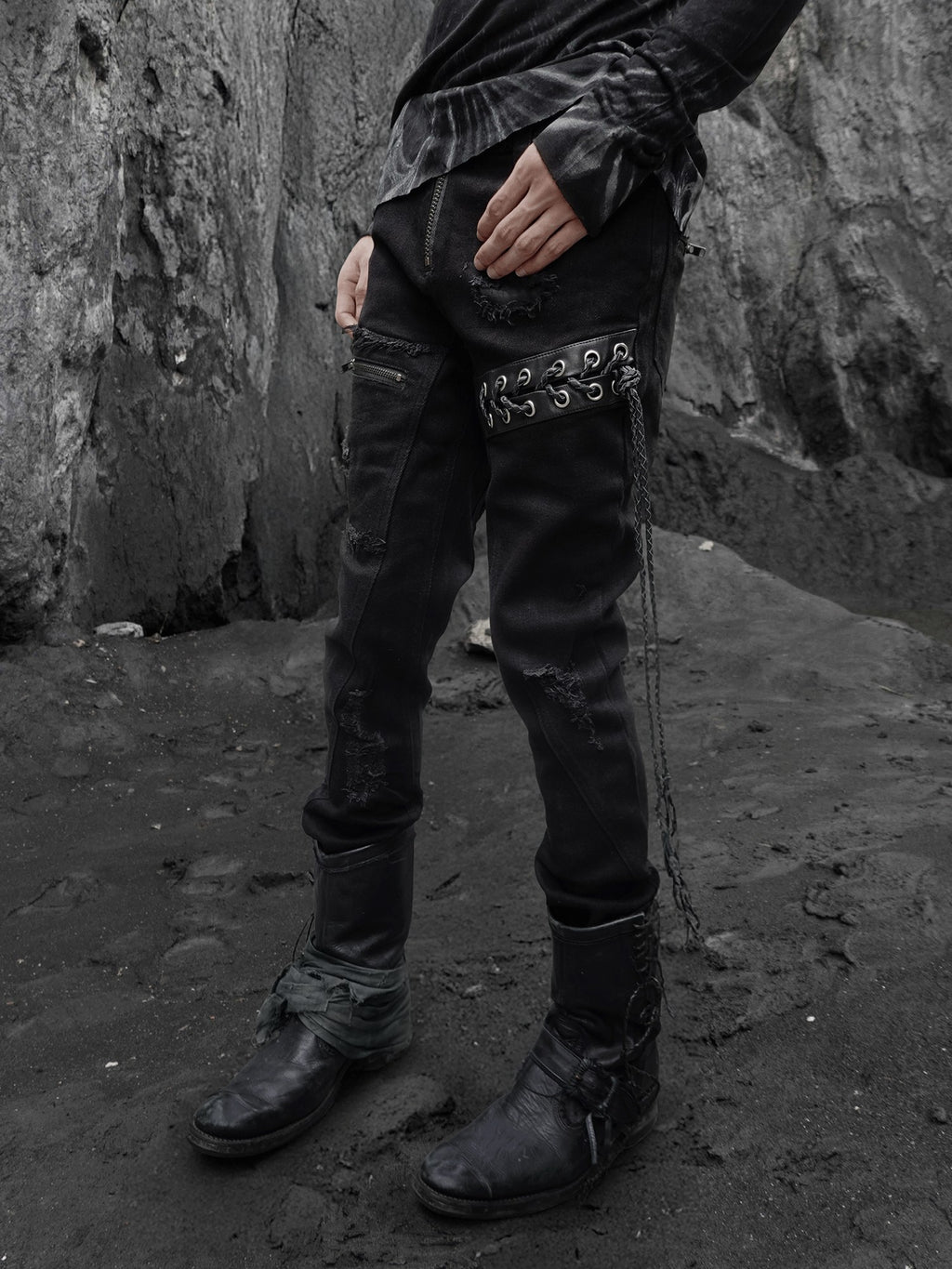 The space between Us Hunting Studded Spliced Leather Zipper Drawstring Tie Women's Cotton Skinny Pants