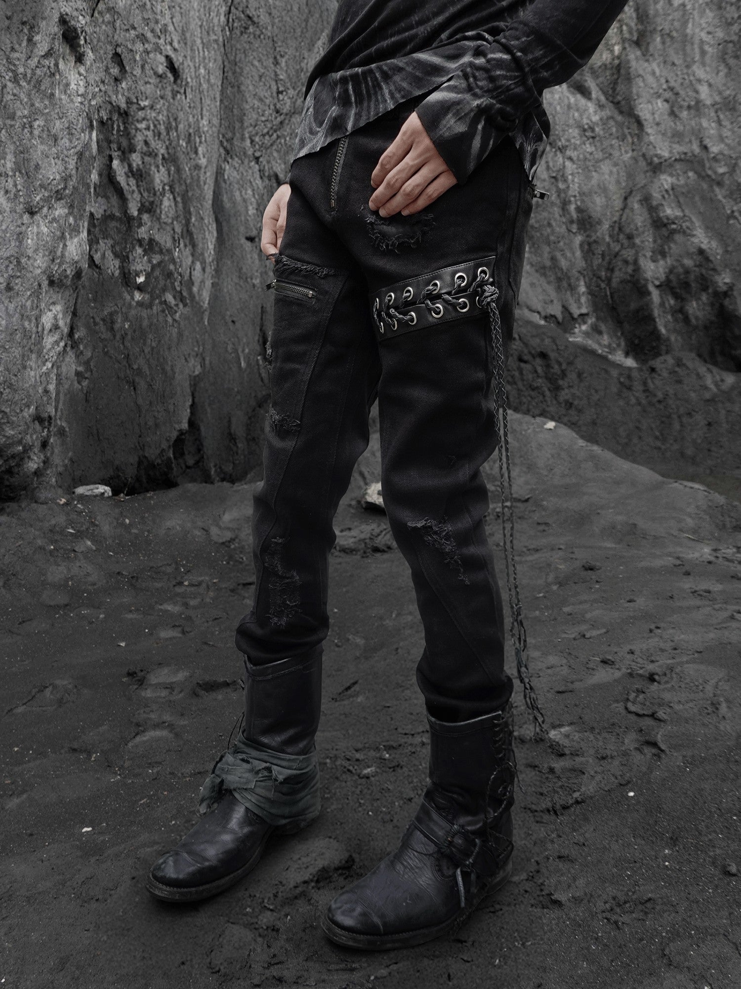 The space between Us Hunting Studded Spliced Leather Zipper Drawstring Tie Women's Cotton Skinny Pants