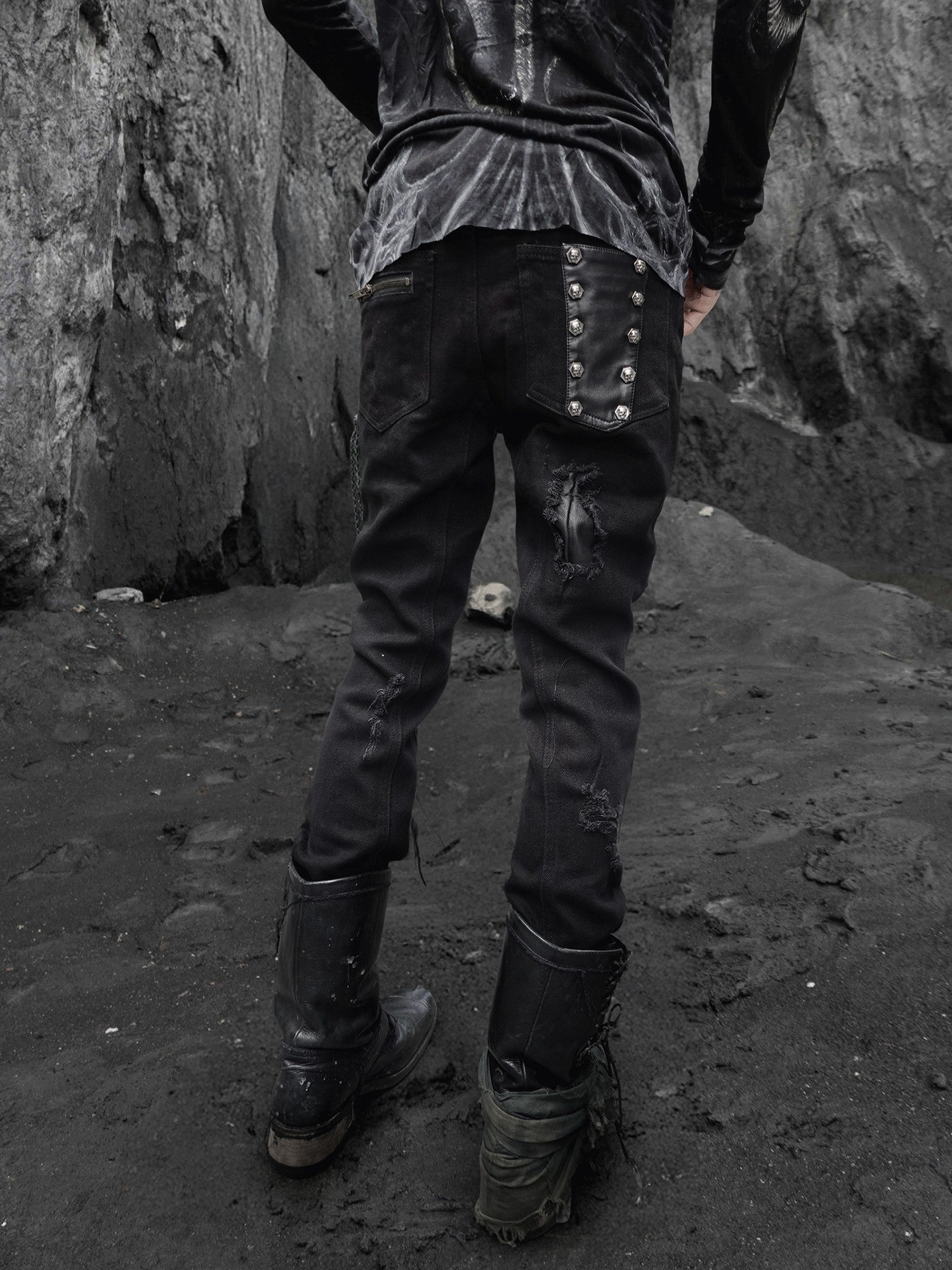 The space between Us Hunting Studded Spliced Leather Zipper Drawstring Tie Women's Cotton Skinny Pants
