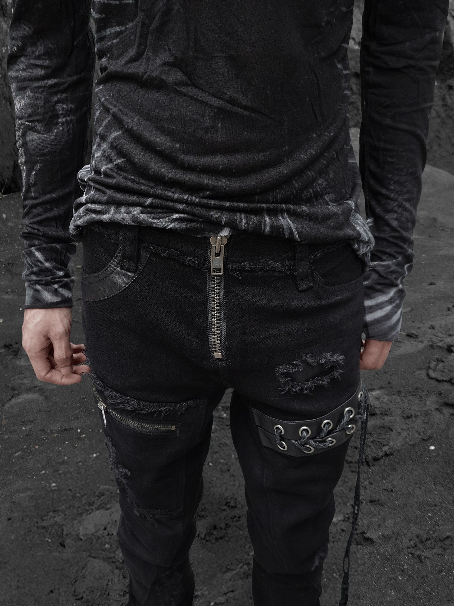 The space between Us Hunting Studded Spliced Leather Zipper Drawstring Tie Women's Cotton Skinny Pants