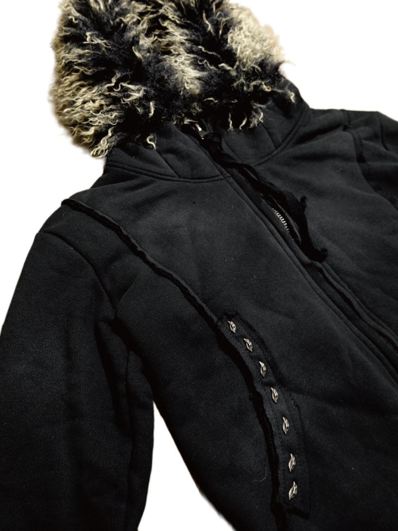 The space between Us Removable Dual Fur Collar Hood Studded Back Drawstring Women's Leather Jackets
