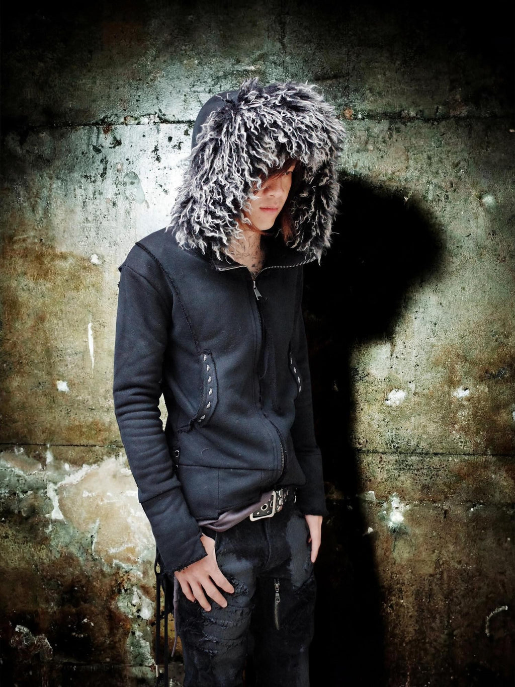 The space between Us Removable Dual Fur Collar Hood Studded Back Drawstring Women's Leather Jackets