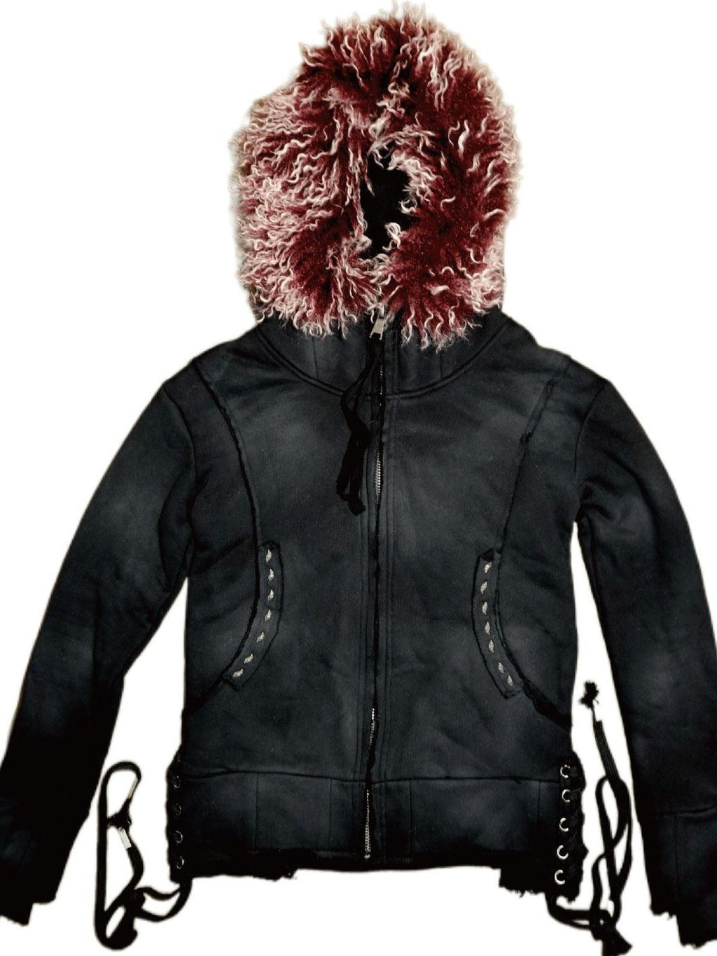 The space between Us Removable Dual Fur Collar Hood Studded Back Drawstring Women's Leather Jackets