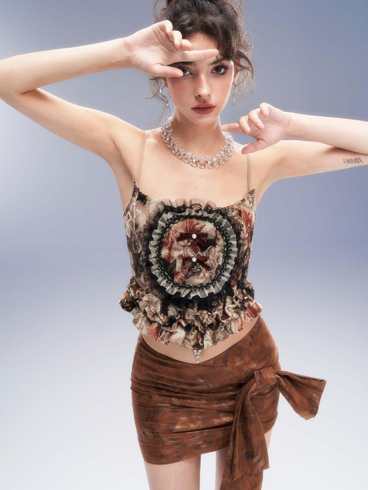 Tut tuto Baroque Cat Print Bandeau Big Bow Women's Polyester Matching Skirt Sets