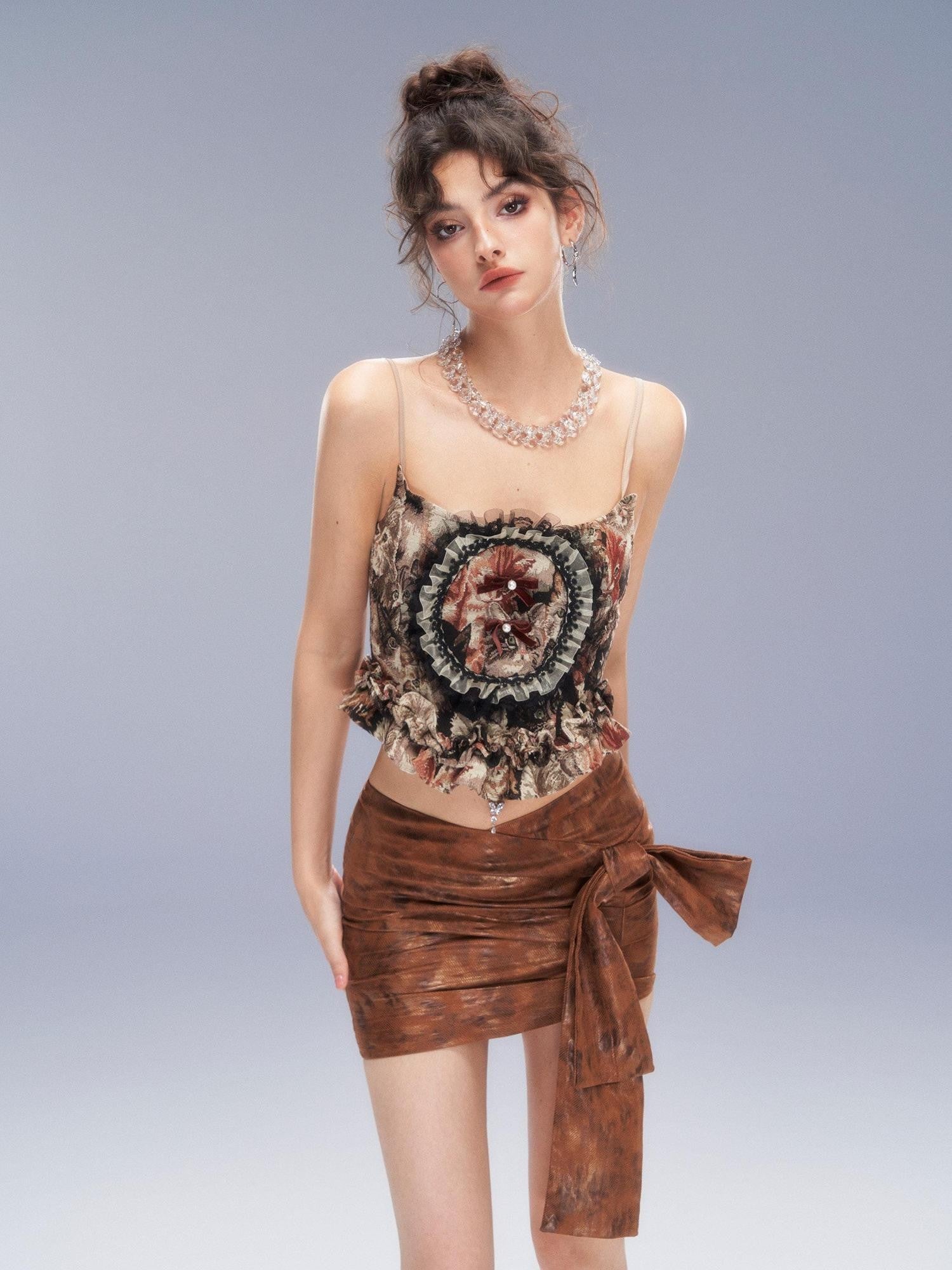 Tut tuto Baroque Cat Print Bandeau Big Bow Women's Polyester Matching Skirt Sets