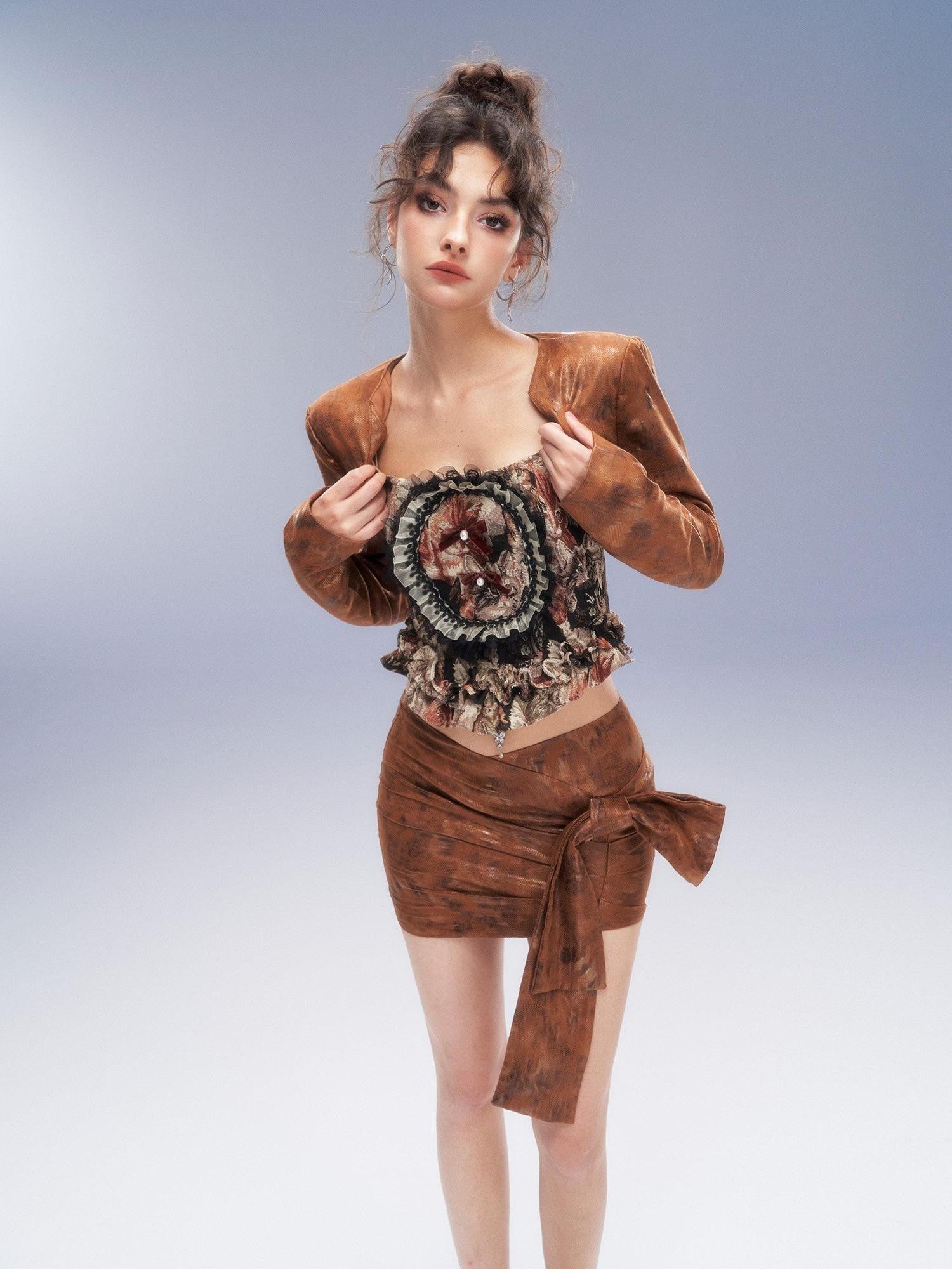 Tut tuto Baroque Cat Print Bandeau Big Bow Women's Polyester Matching Skirt Sets