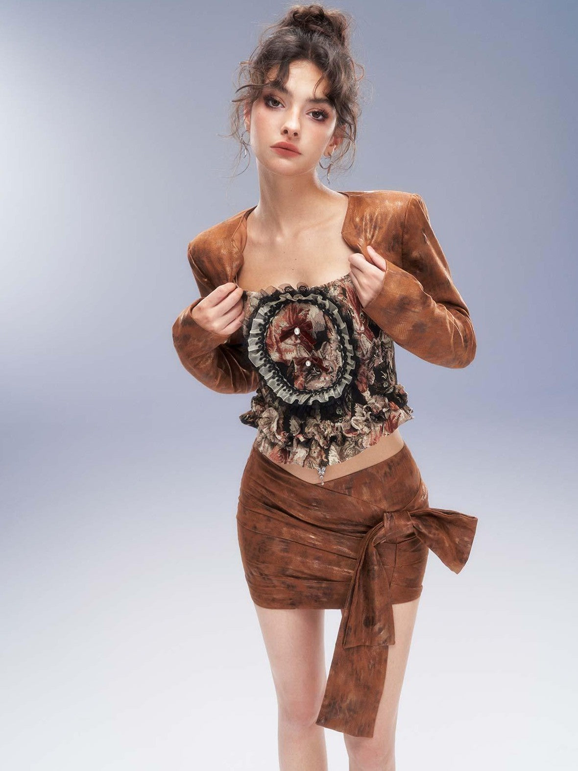 Tut tuto Baroque Cat Print Bandeau Big Bow Women's Polyester Matching Skirt Sets