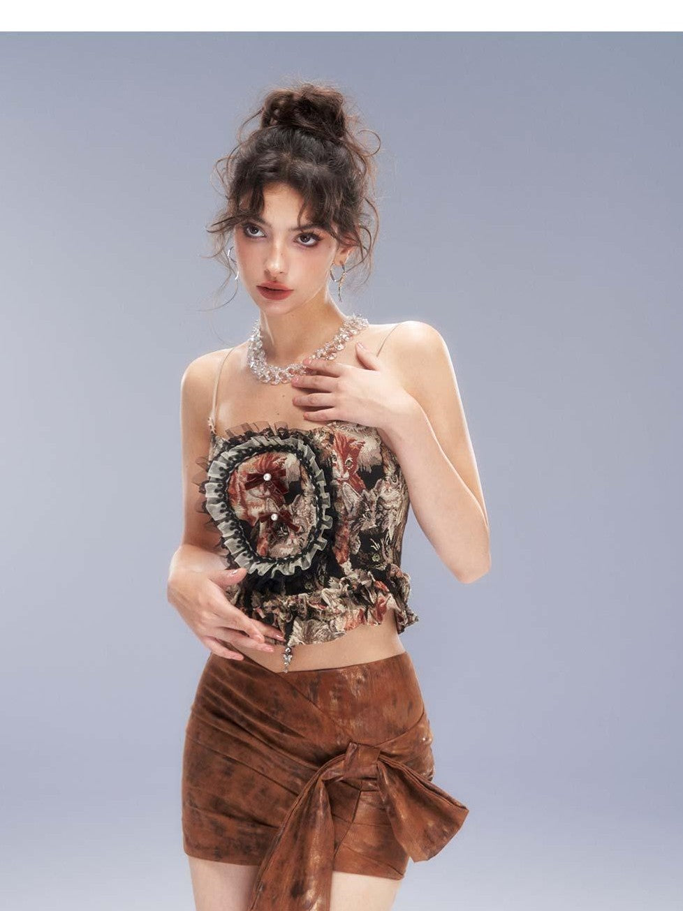 Tut tuto Baroque Cat Print Bandeau Big Bow Women's Polyester Matching Skirt Sets