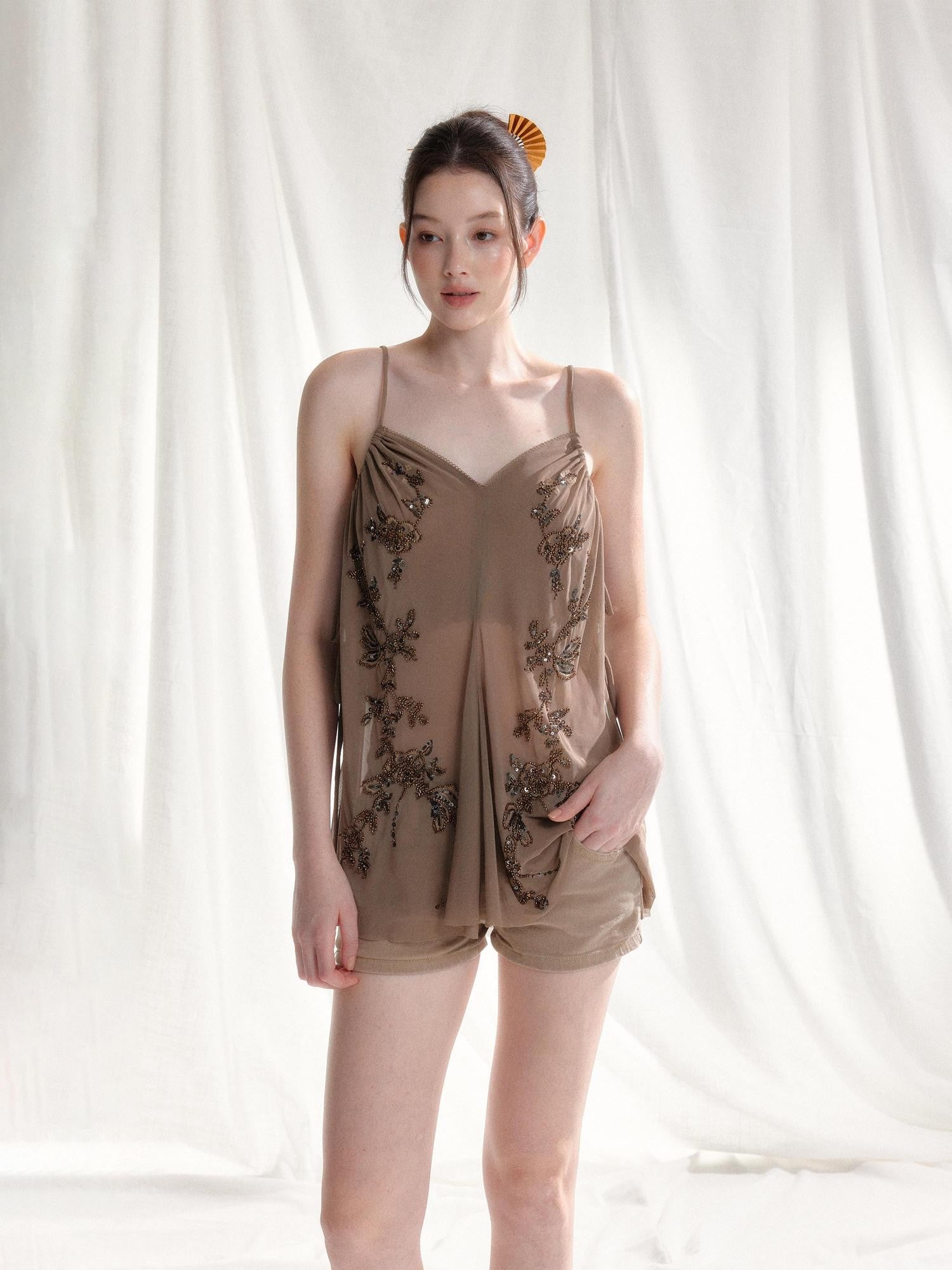 Tut tuto Beaded V-neck Floral Loose Lightweight Women's Polyester Camisoles