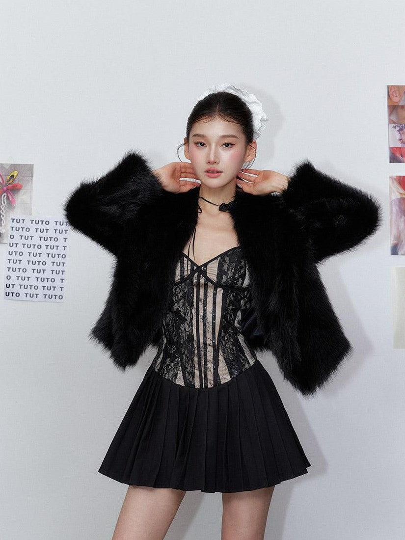 Tut tuto Black French Pleated Lace Cinched Waist Women's Polyester Slip Midi Dresses