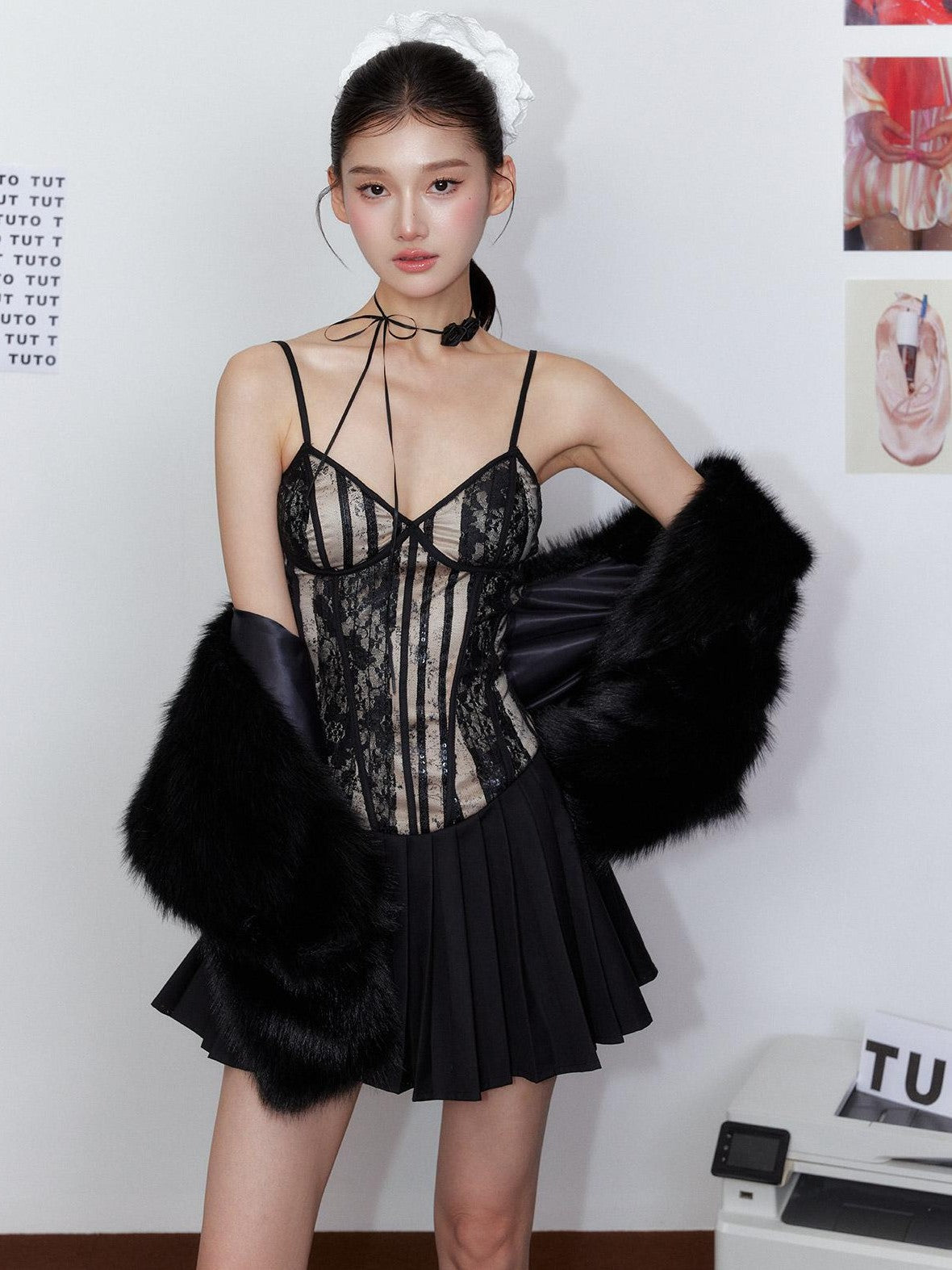 Tut tuto Black French Pleated Lace Cinched Waist Women's Polyester Slip Midi Dresses