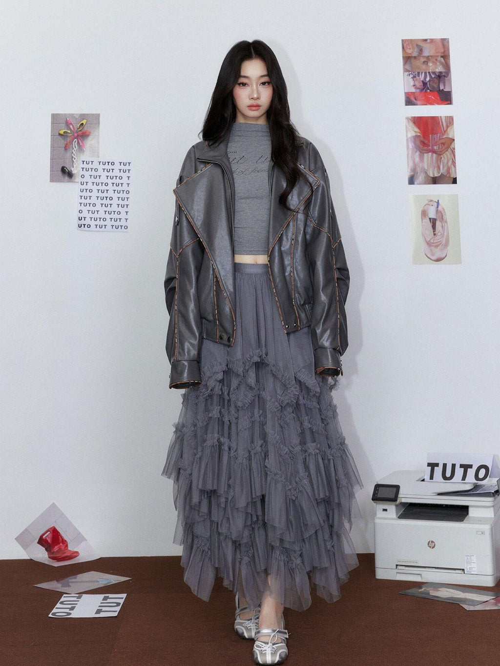 Tut tuto British Oversized Piped Lapel Biker Women's Pu Leather Jackets