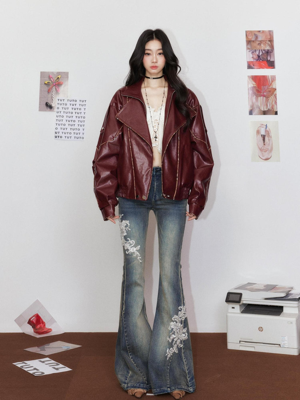 Tut tuto British Oversized Piped Lapel Biker Women's Pu Leather Jackets